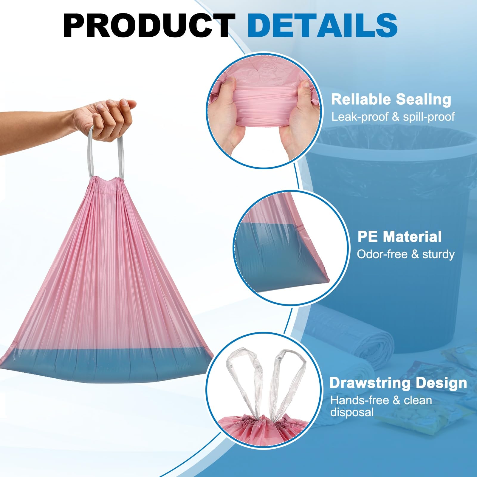 QUARKZMAN 120 Bolsas De Basura Con Cierre De Cordón, 8.7 Galones 24", Bolsas Para Cubo De Basura Sin Aroma, Diseño Resistente Al Desgarro Para Hogar Oficina Cocina Sala Rosa Dorado