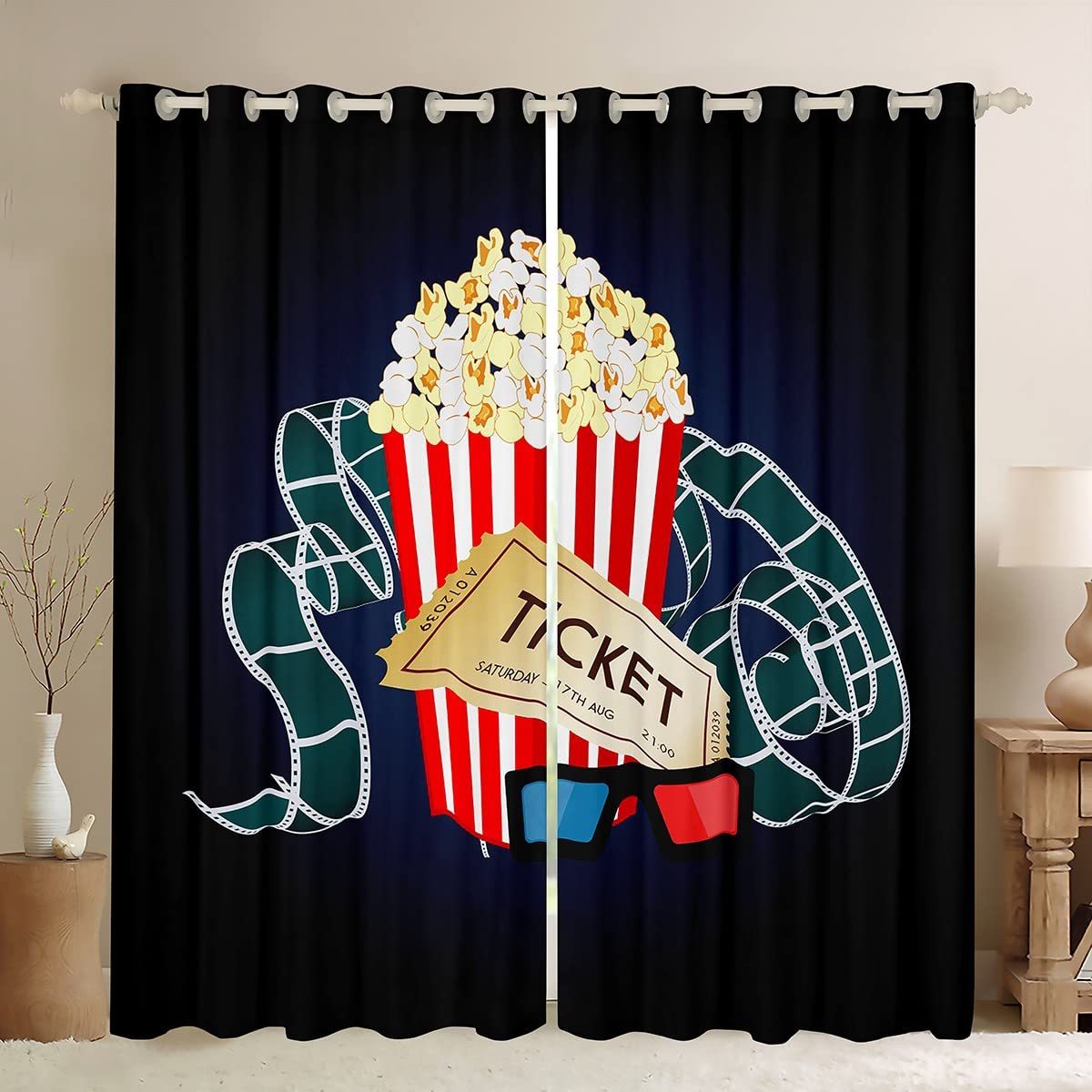 Homemissing Popcorn Dreapes Movie Night Curtains for Bedroom Living Room Kids Decor Movie Theater Decor Blackout Curtains(30%-50%) Cinema Film Window Treatments W46*L72