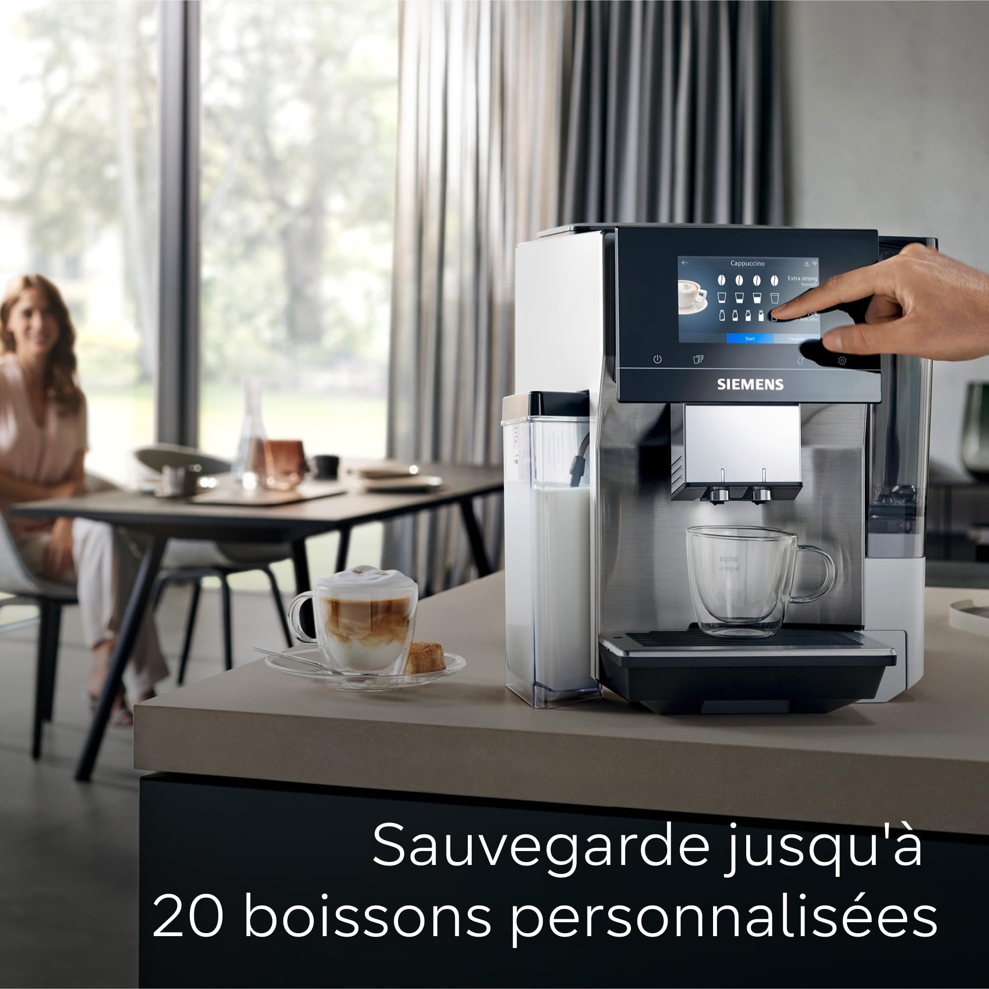 SIEMENS, machine à café à grain automatique, EQ700, écran iSelect, coffeeWorld, Cold Brew, Slow Brew, bac à lait, adaptateur briques de lait, Home Connect, acier inoxydable, blanc, TQ715R03 integral