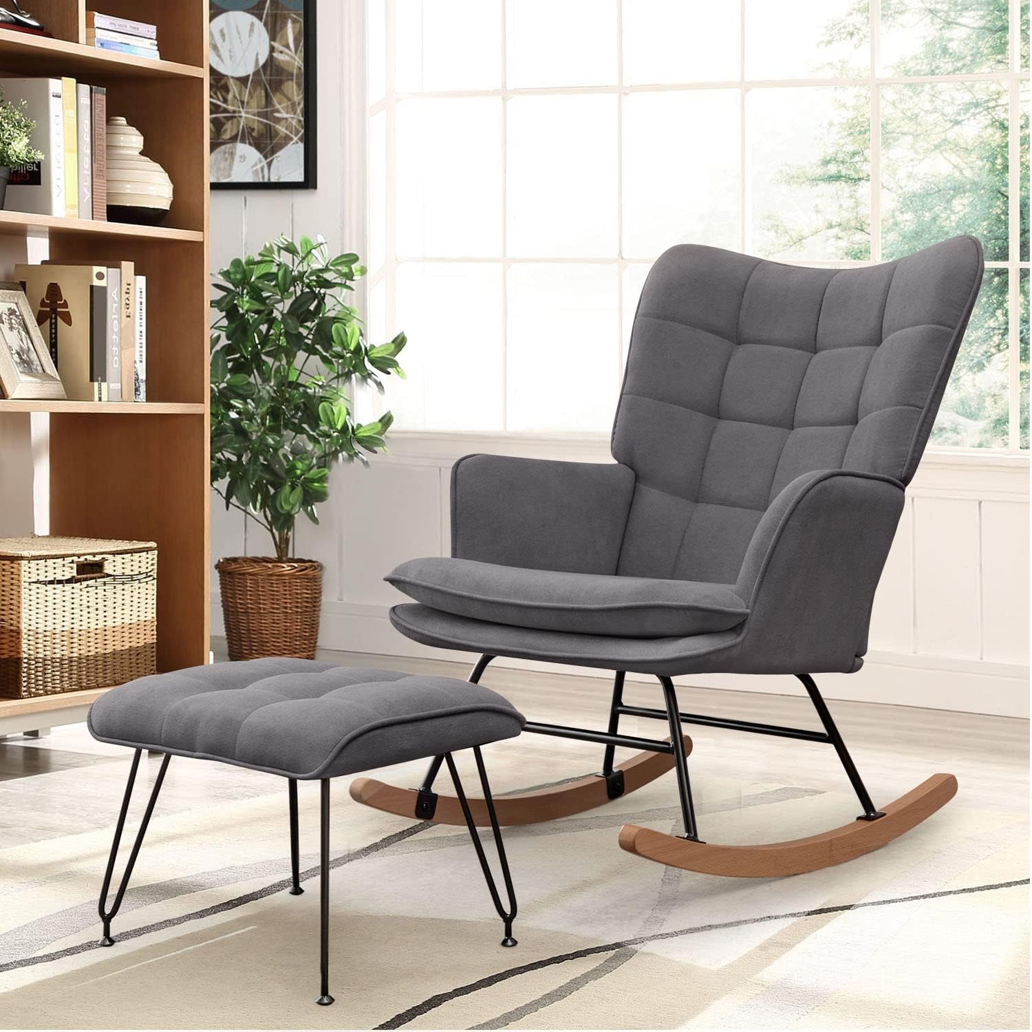 Nursery Rocking Chair with Ottoman, Comfortable Fabric Rocker Glider Chair with High Backrest,Dark Grey Armchair Comfy Side Chair for Nursery Bedroom Living Room