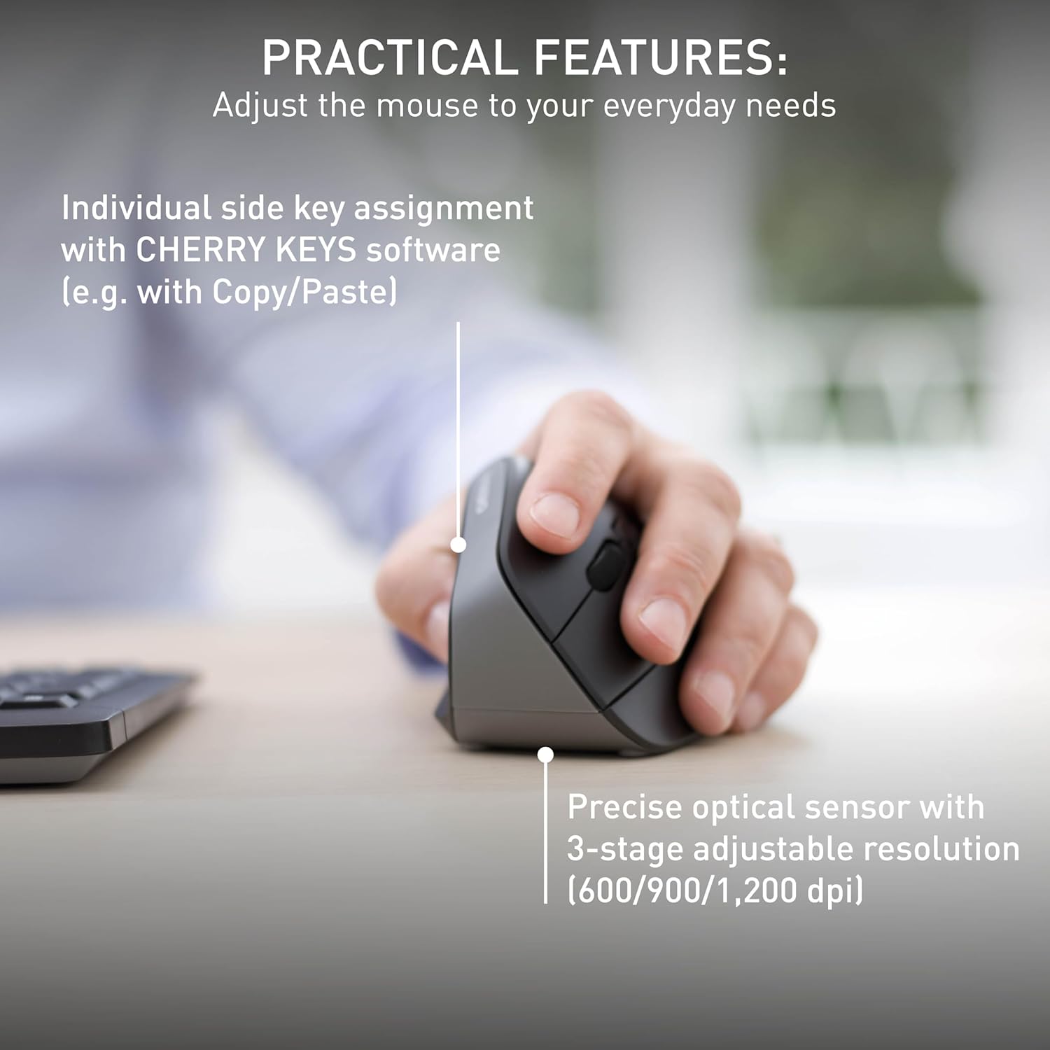 Cherry MW 4500 - Ergonomic Wireless Mouse - Left-Handed - 1200 dpi - Thumb Buttons - Extra Small Nano Receiver, Black (JW-4550)