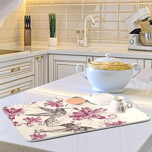 Miniatura 5 de Tapete de secado de platos de flores de colibríes, tapete de café, resistente al calor, tapete absorbente de secado mate para encimera de cocina