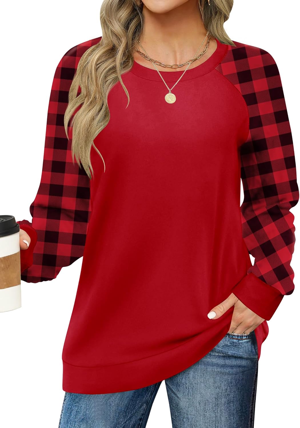 LOMON Women's Long Sleeve Sweaters Cute Work Tops Red Black Plaid Shirts Lightweight Crewneck Sweatshirts, S