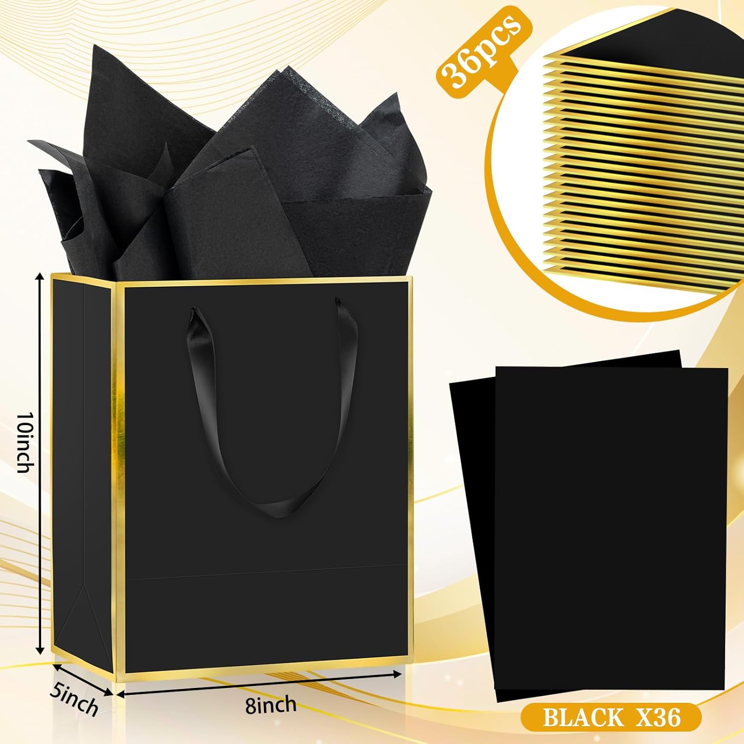 Epoesch Premium Metallic Paper Gift Bags with Handles and Tissue Paper, 8"x5"x10" Inch Dark Blue Gold Edge Welcome Gift Thank You Bags (Black Gold, 1 Count (Pack of 36))