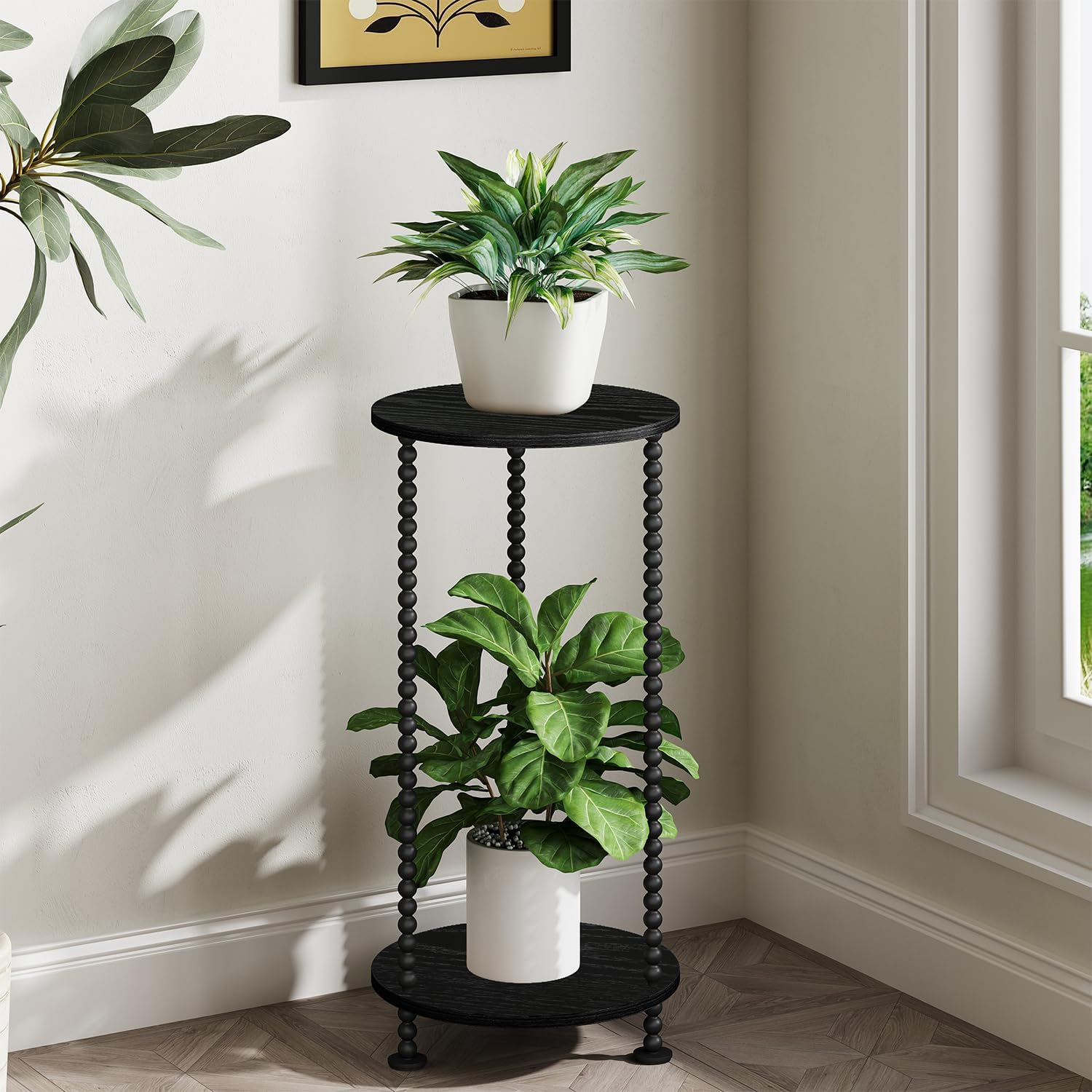 YINMIT Plant Stand Indoor, 2 Tier Small Plant Stand, 23" Tall Metal Spindle Poles Plant Stands, Corner Flower Pot Stand, Plant Tables Indoor, Planter Pot Holder for Balcony Garden Patio Living Room (Black)