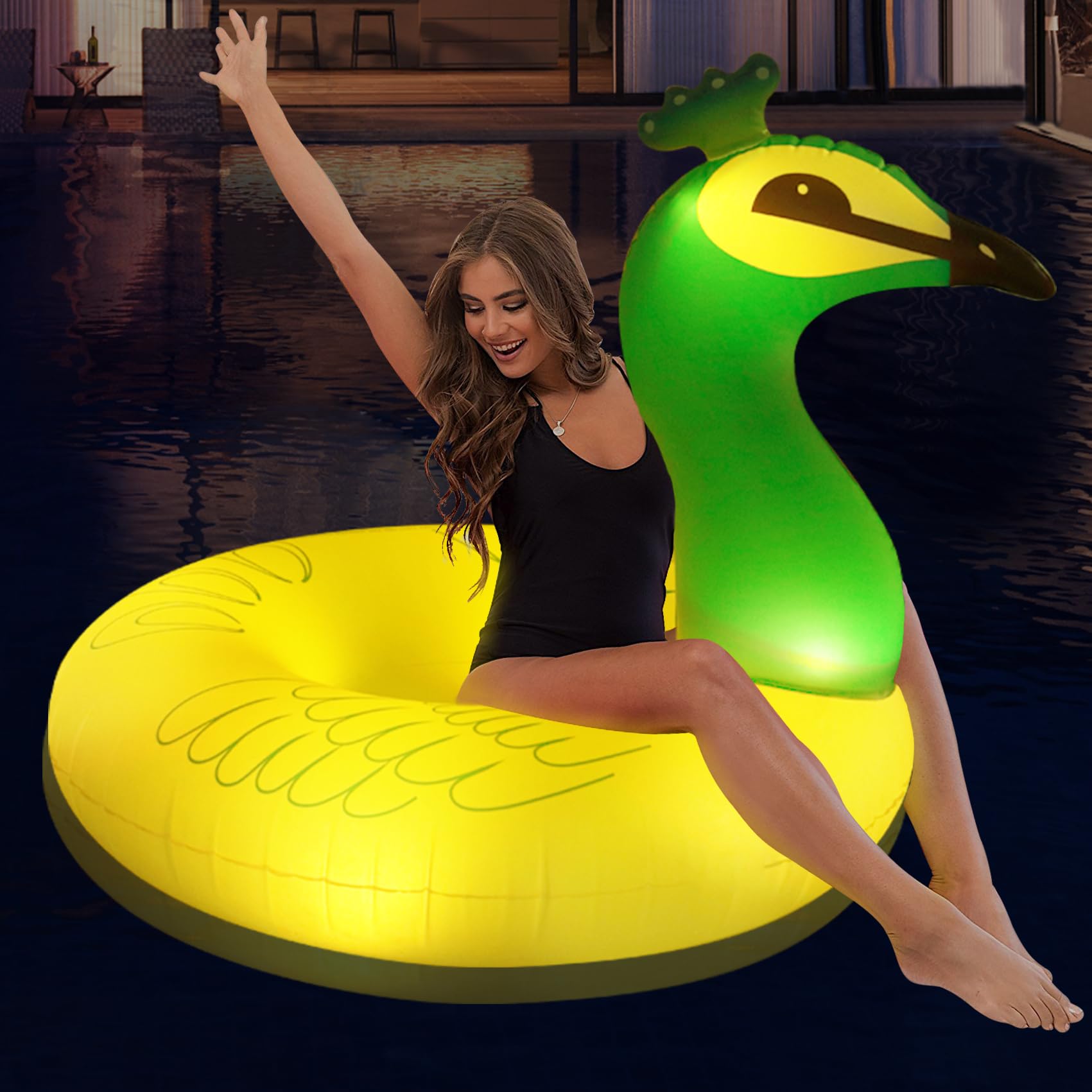 DeeprBetter Flotadores Piscina Rueda, Energía Solar Anillo de Natación Inflable Anillo de Piscina con Luces de Color, Pavo Real Flotador Rueda Adulto, Flotador Inflable de Piscina con Portavasos