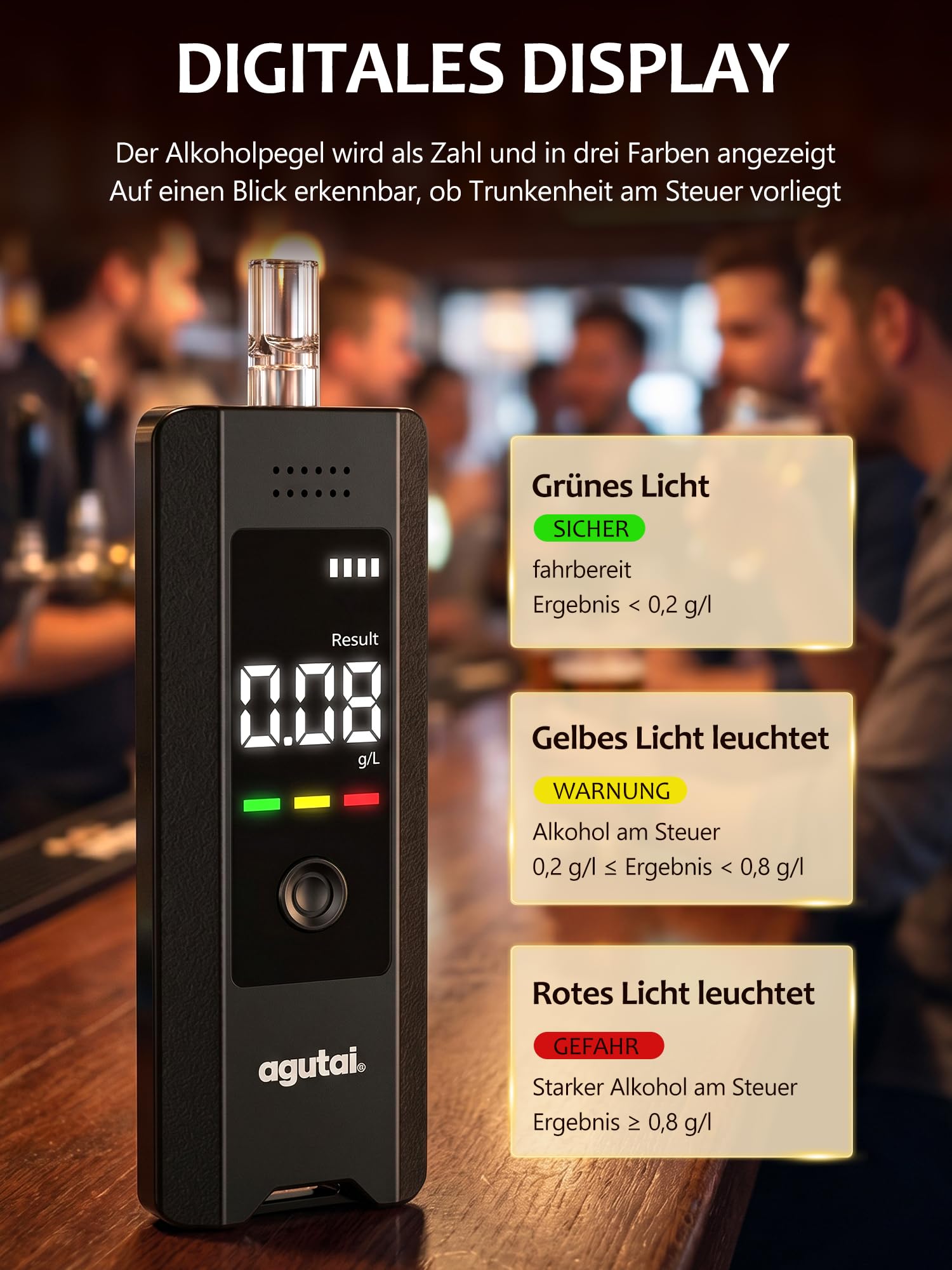 Alkoholtester Polizeigenau Professioneller Alcohol Tester : Hochpräziser Promillemessgerät Zwei Messmethoden mit Digitaler LCD-Anzeige - Tragbarer Atemalkoholtester USB-C-Aufladung mit 10 Mundstücke