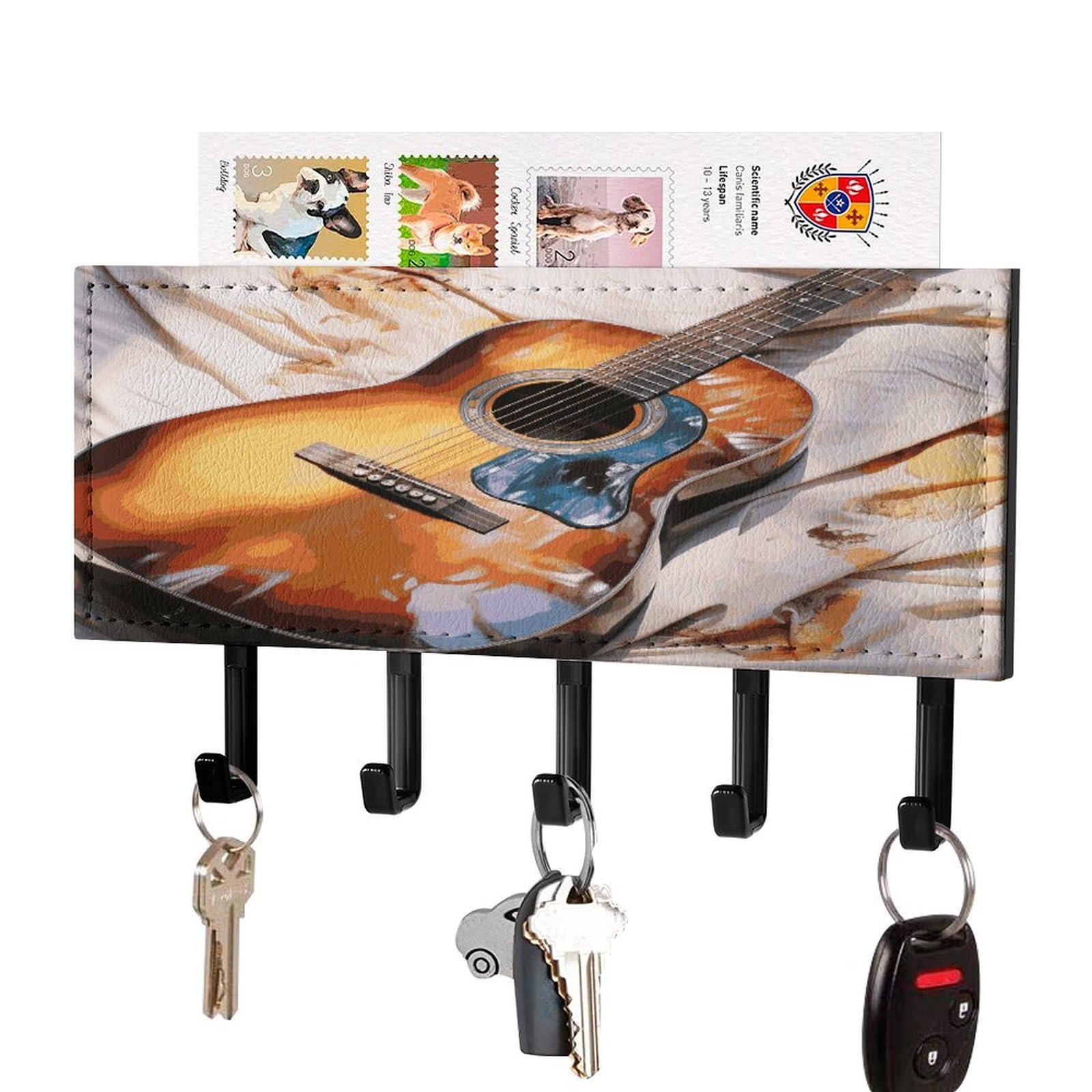 MUSM Watercolor Acoustic Guitar Key Holder for Wall,Mail Organizer Wall Mount with 5 Hooks,Easy Installation Key Rack for Home Decor, Hallway, Entryway, Appartment