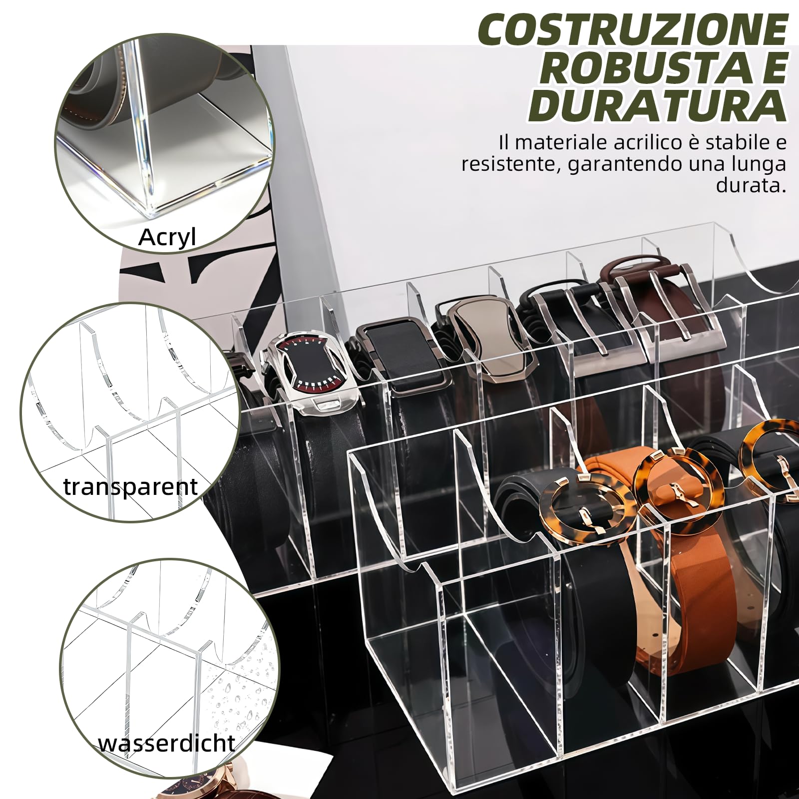 Scatola di immagazzinaggio cintura acrilica a 7 scomparti, stile cassetto cravatta e cintura portaoggetti