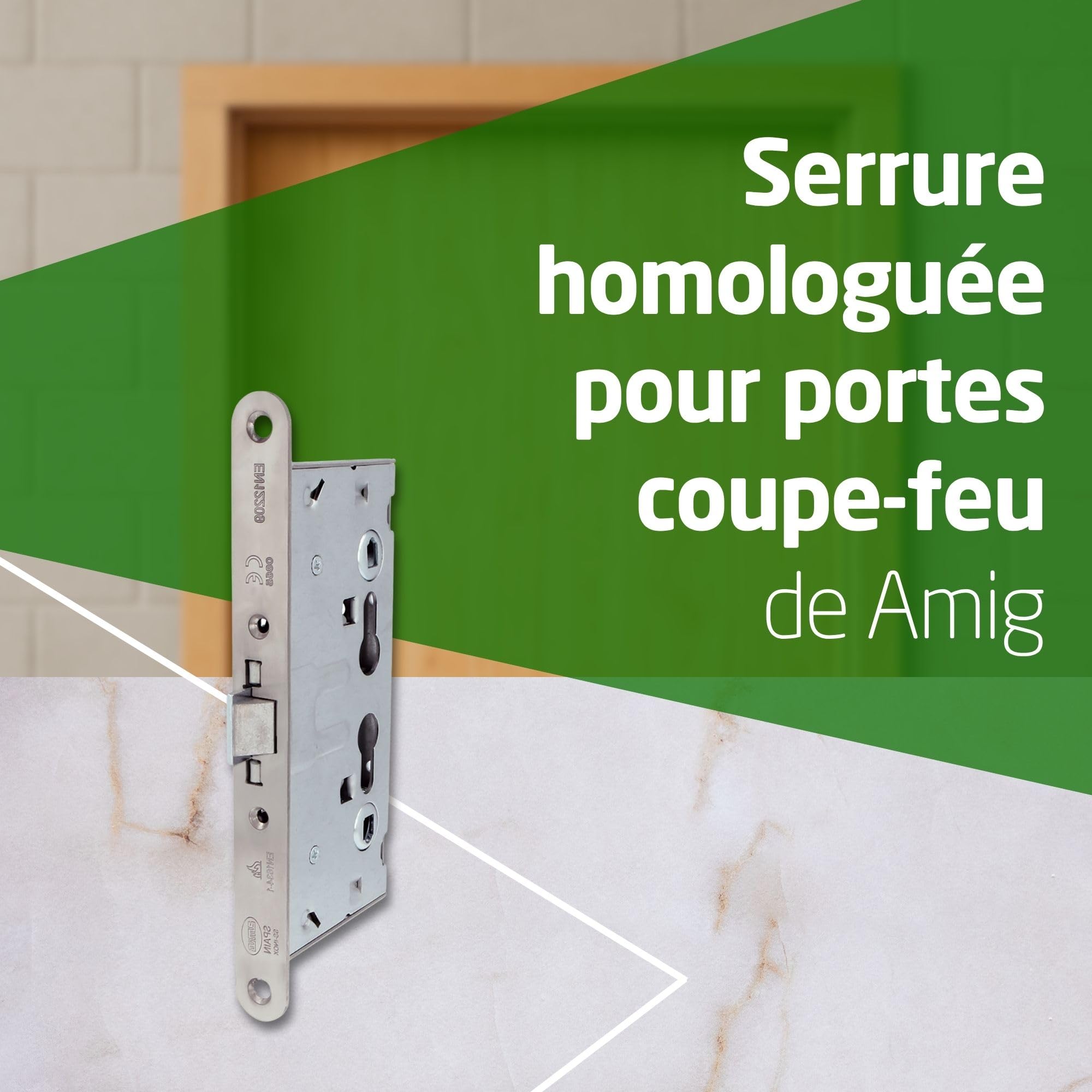 Amig – Serrure homologuée pour portes coupe‑feu Mod. 6572 – 65 x 72 mm – Double fouillot et logement pour cylindre – Acier inoxydable mat – Certifiée et sans fonction anti‑panique