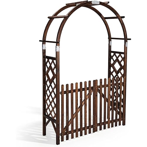 VINGLI Wooden Garden Arbor, Heavy Duty Outdoor Frame Trellis with Gate for Ceremony, Wood Trellis Garden Arch Pergola for Plant Climbing, Patio, Lawn, Wedding