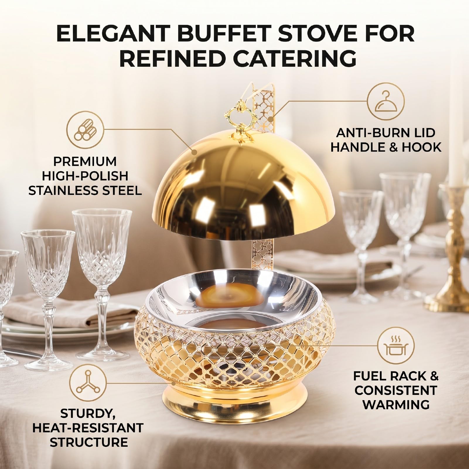 Fockety Fuente de Acero Inoxidable Redonda con Tapa y Asa para Buffet Caterings