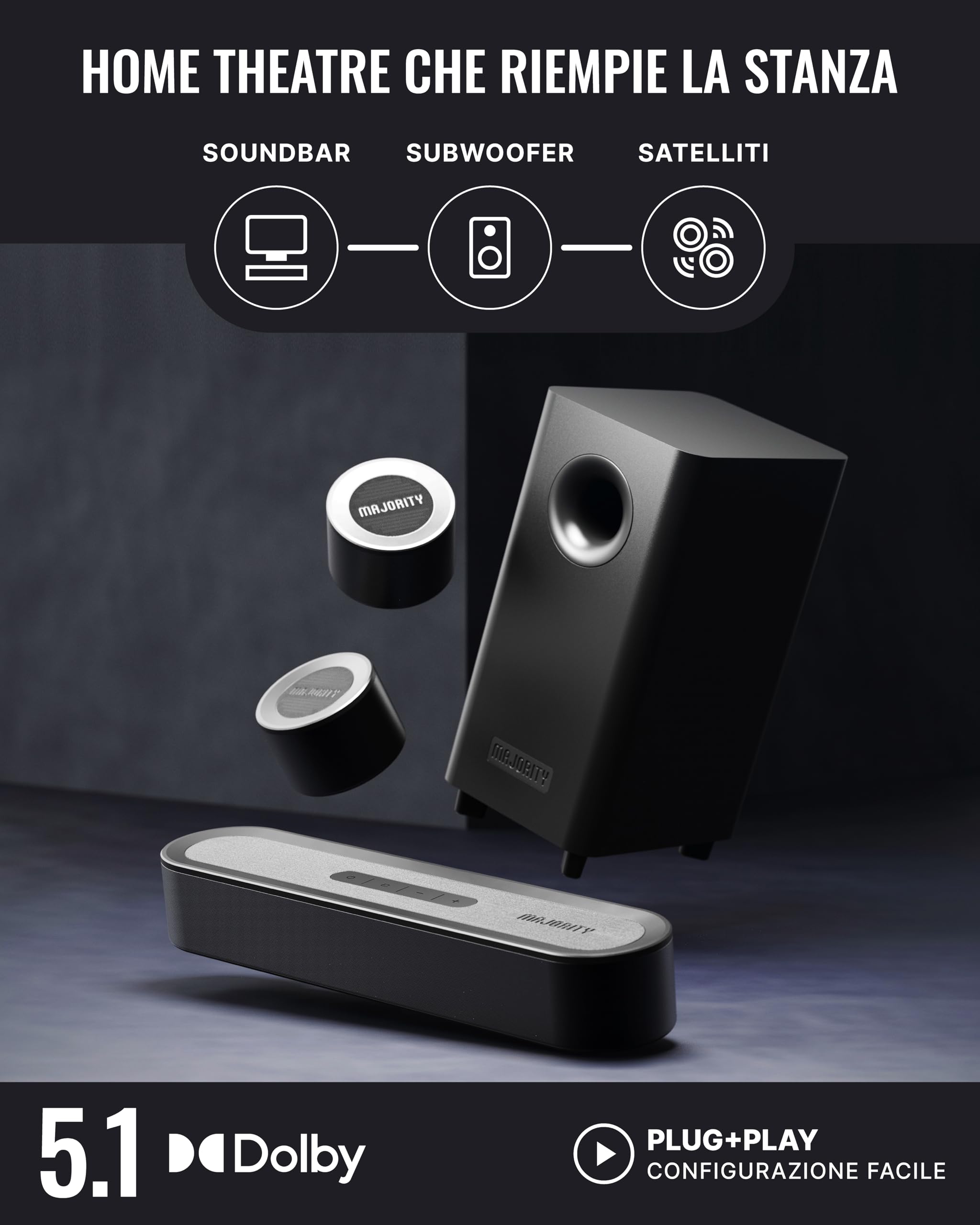 Majority Bowfell Halo Soundbar TV | 230W Casse per TV con HDMI eARC | Dolby Surround Home Theater 5.1 Impianto Audio Cablato con subwoofer e Altoparlanti Satellitari | Soundbar PC Bluetooth 5.3