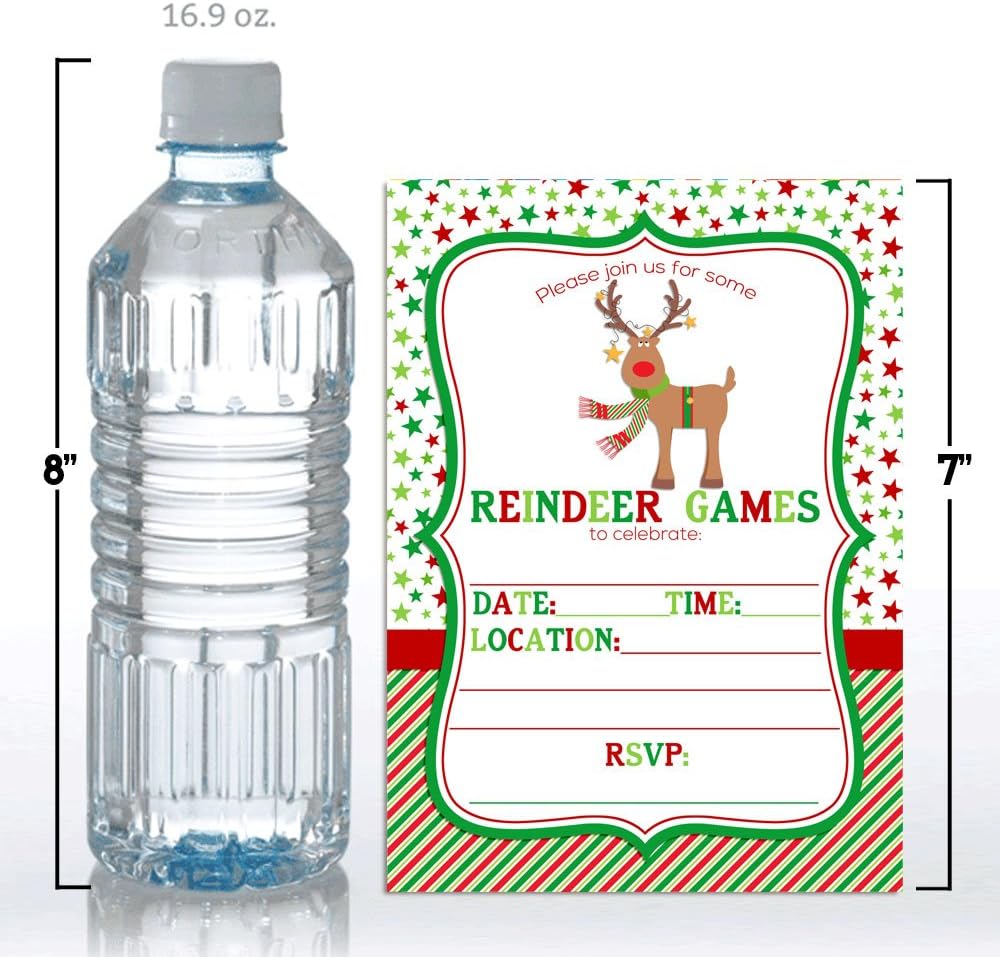 Reindeer Games Holiday Birthday Party Invitations, 20 5x7 Fill In Cards with Twenty White Envelopes by AmandaCreation