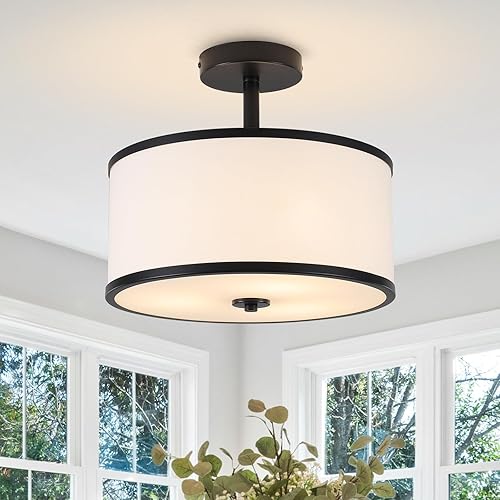 BUXVRCS Semi Flush Mount Ceiling Light Fixture, 3-Light Drum Lighting Fixtures, Hallway Light Fixture Ceiling Mount with Fabric Shade, Close to