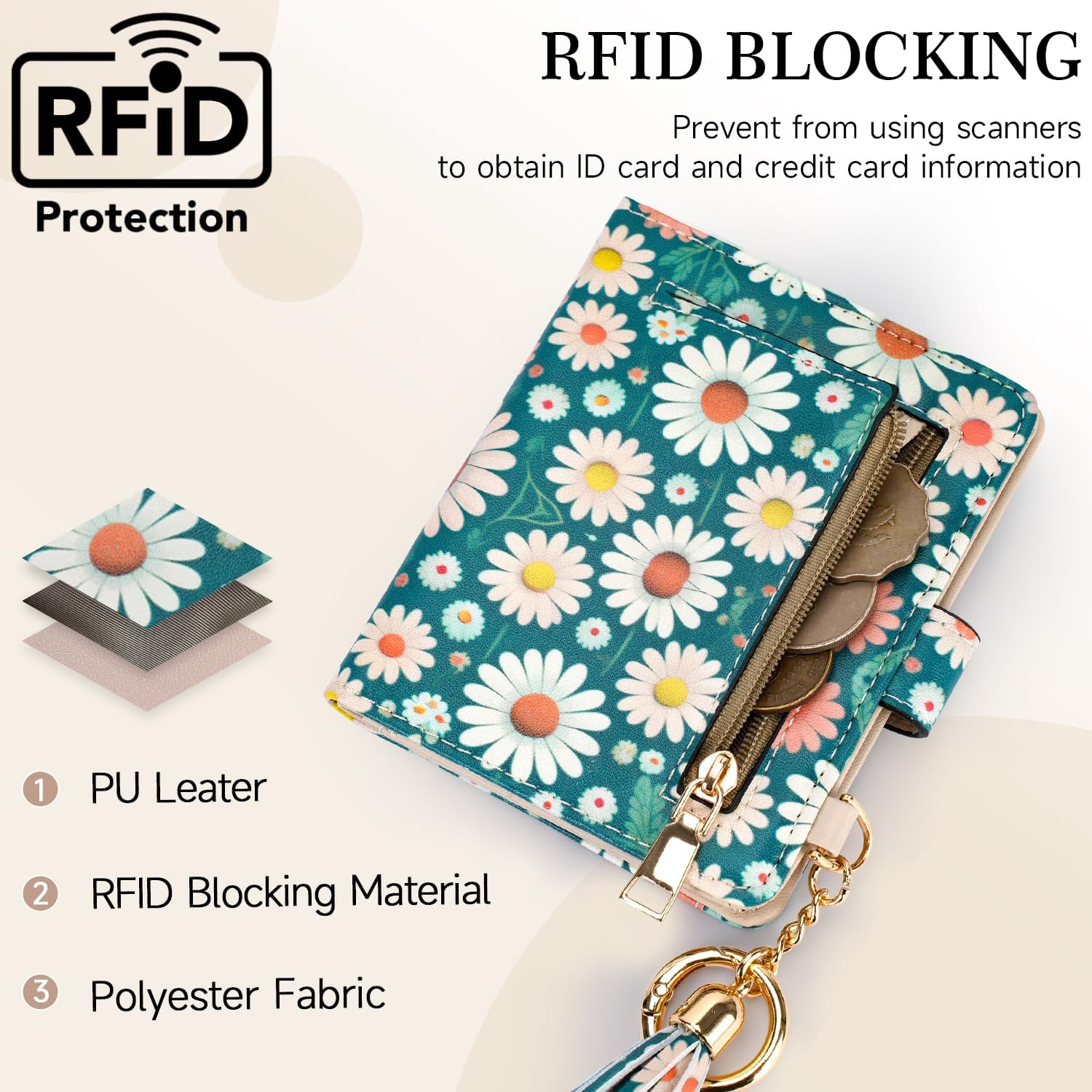 APHISON Women RFID Slim Bifold Wallet, Card Holder with Zipper Coin Purse, Ultra-Thin Compact Wallet with ID Window Minimalist Green - Image 5