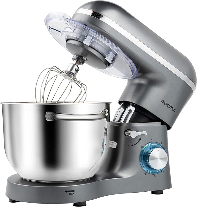 Aucma Stand Mixer,6.5-QT 660W 6-Speed Tilt-Head Food Mixer, Kitchen Electric Mixer with Dough Hook, Wire Whip & Beater (6.5QT, Silver)