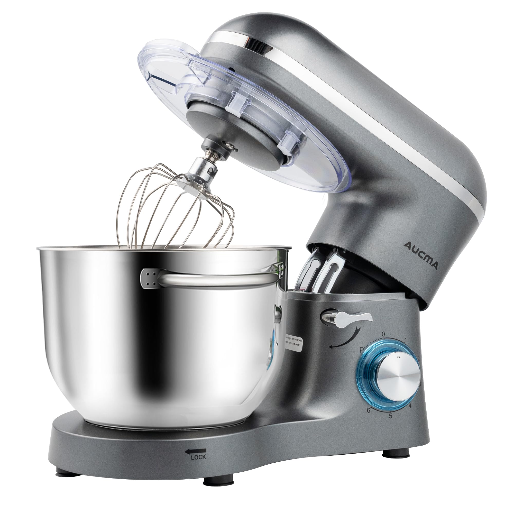 Aucma Batidora de pie, 6.5 cuartos de galón, 660 W, 6 velocidades, cabezal inclinable, mezclador eléctrico de cocina con gancho para masa, batidor de alambre y batidor (6.5 cuartos de galón, gris)
