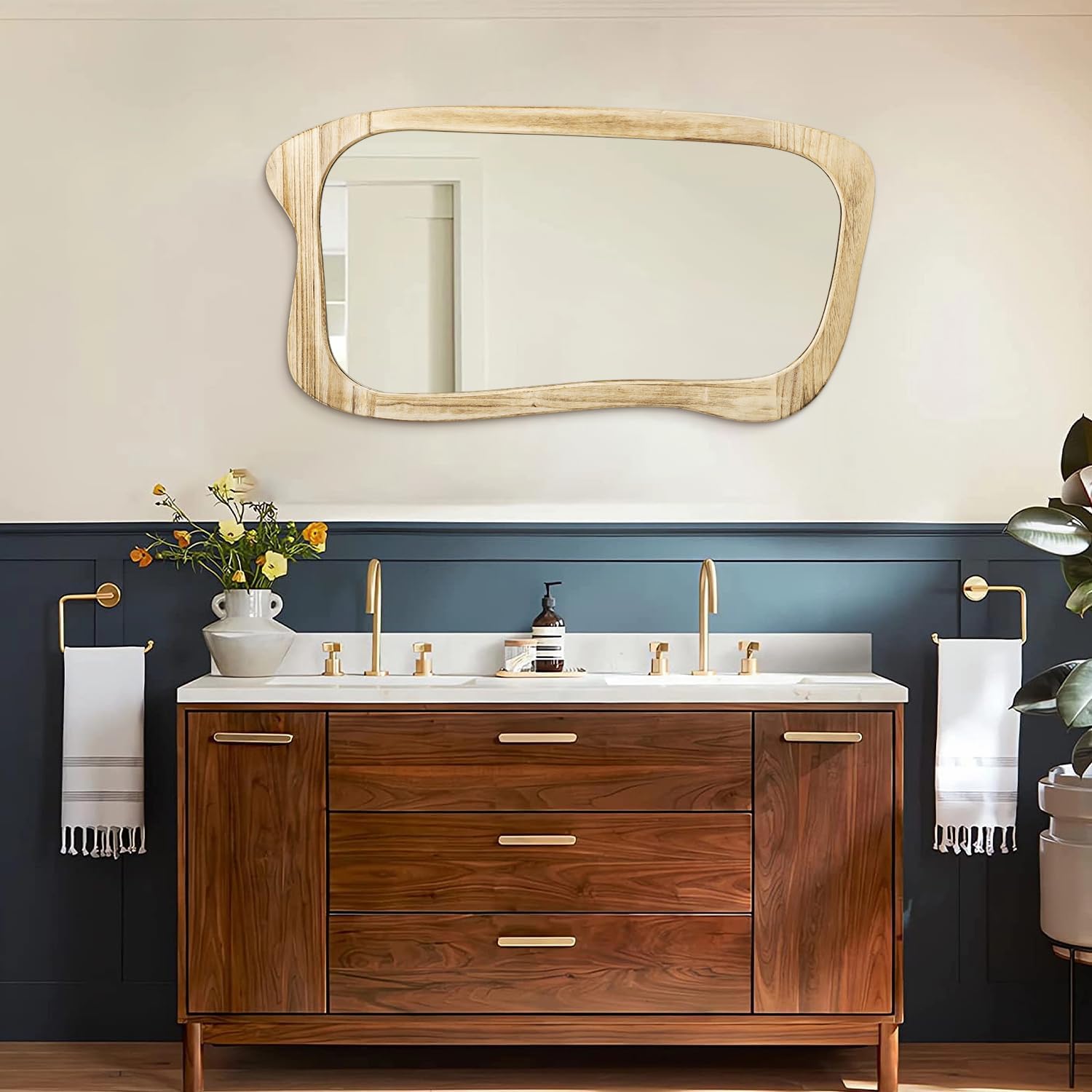 AAZZKANG Asymmetrical Wooden Wall Mirror,Rustic Irregular Wall Mount Mirror 32"x20" Vanity Mirror Large Decorative Mirror for Bathroom Bedroom Living Room Hallway