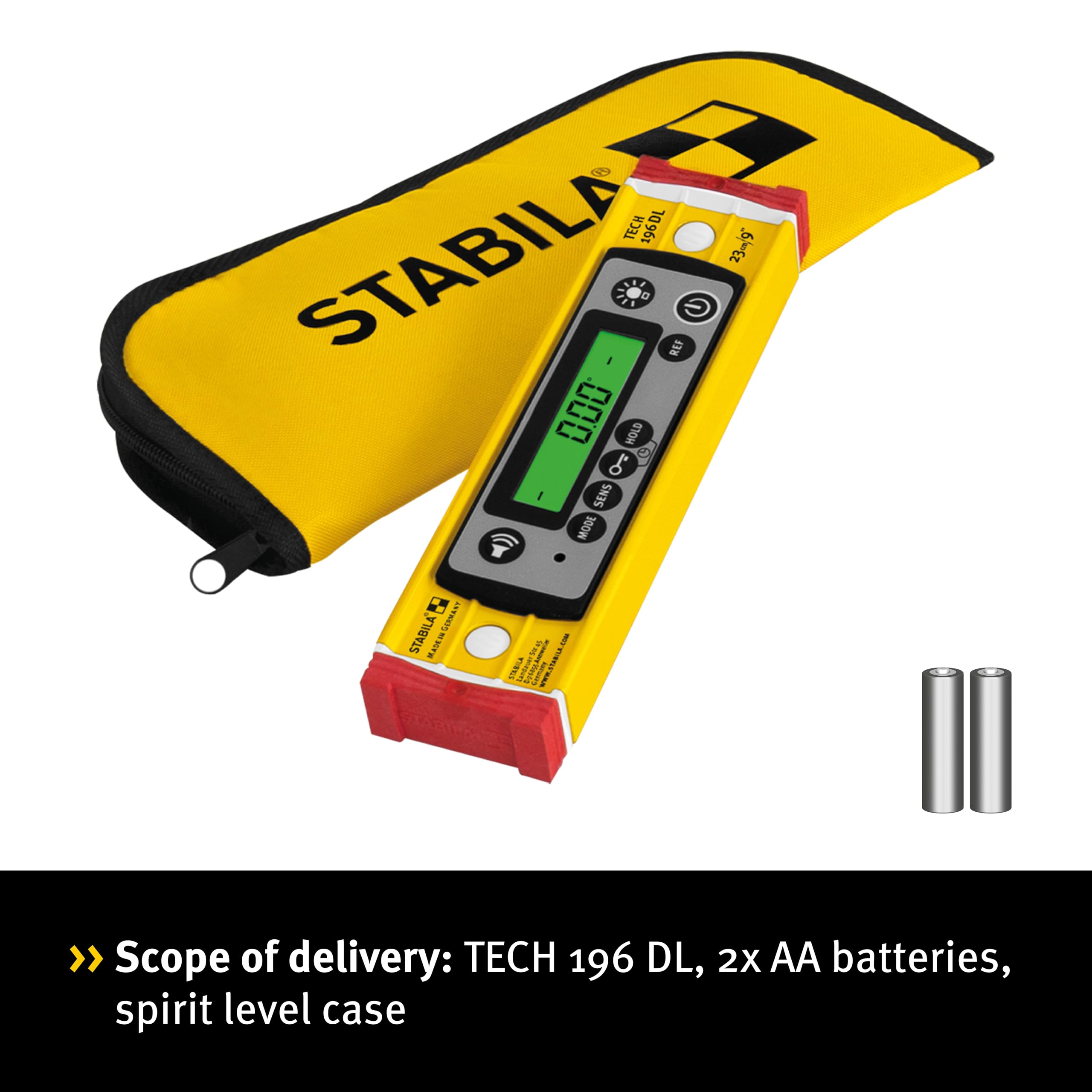 STABILA Livella elettronica TECH 196 DL – livella digitale impermeabile e antipolvere secondo IP 67, 2 display digitali, senza calibrazione con custodia, 23 cm
