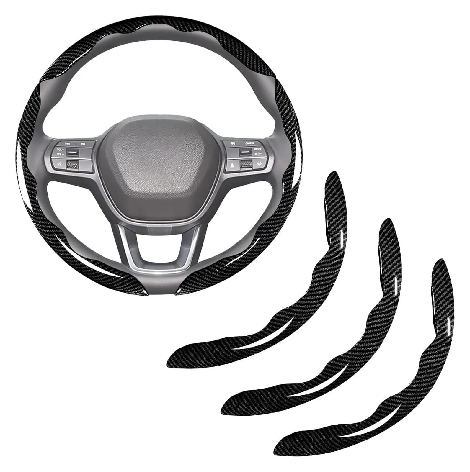 Coprivolante Auto Coprivolante Per Auto Universale | Accessori per lo styling dell'auto segmentati con copertura protettiva antiscivolo in fibra di carbonio 38 cm(3PCS Black)