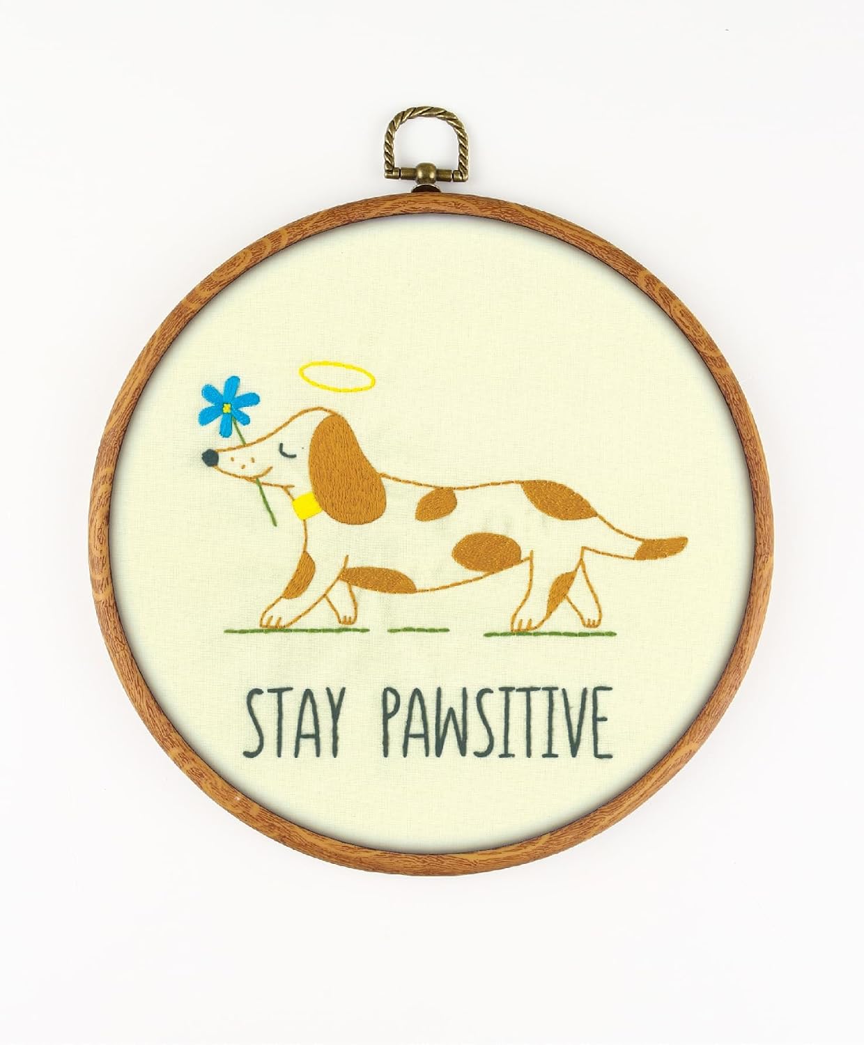 Stay Pawsitive EM355 - DIY Embroidery Kit. Set of Threads, Needles, Stamped Cloth, Needle Threader, Embroidery Clippers and Printed Color Pattern Inside.