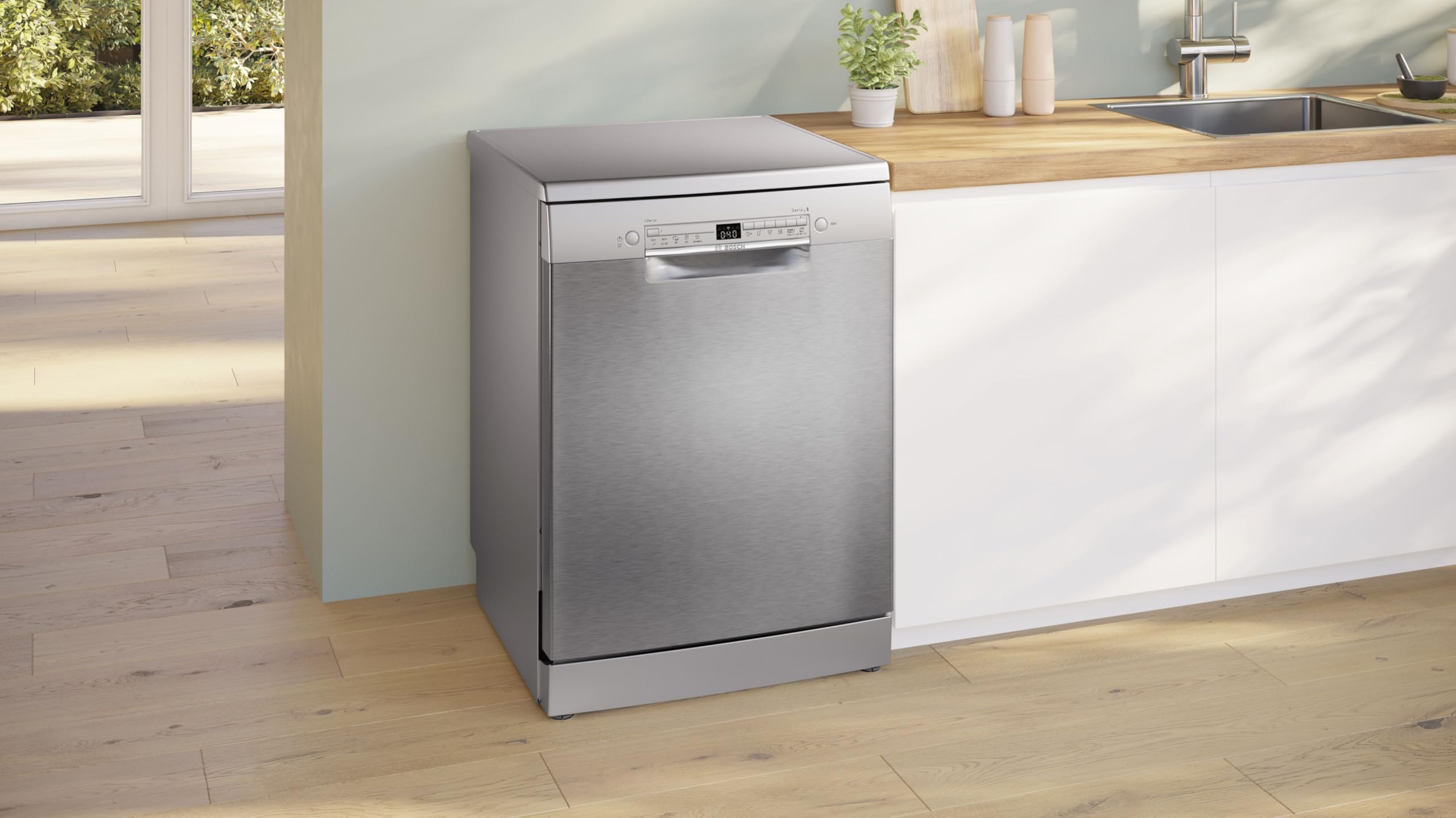 Bosch SMS2HVI02E Series 2 - Dishwasher, Freestanding | 60 cm, Smudge Resistant Brushed Steel, Home Connect, Cutlery Drawer, Rackmatic Basket, Silence on Demand