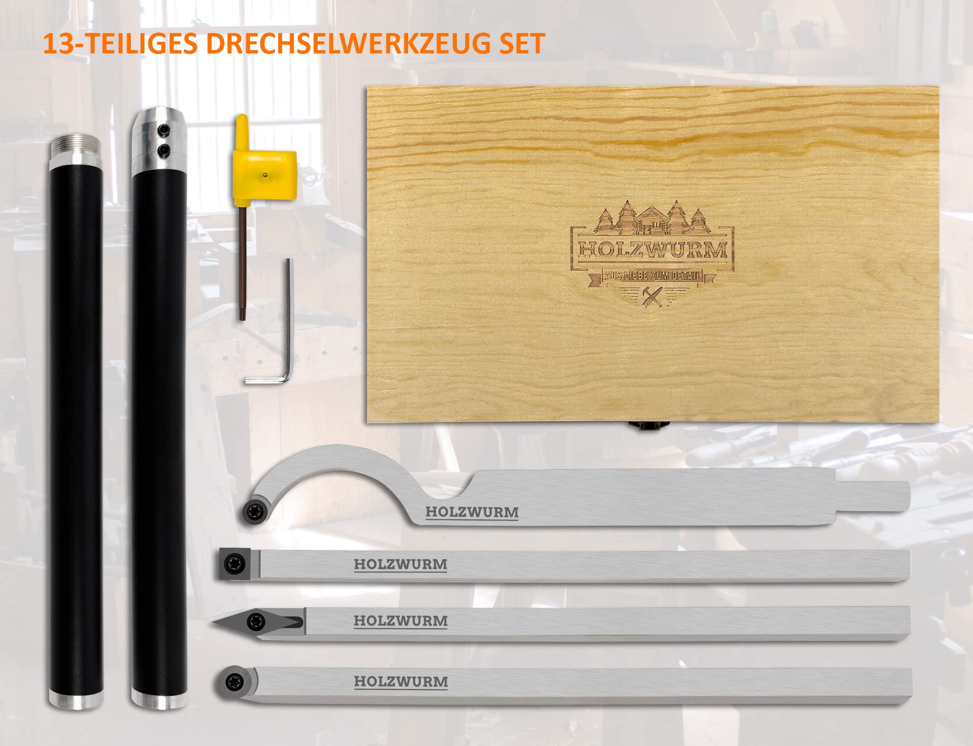 HOLZWURM Drechseleisen Set mit Hartmetall-Schneidplatten, verstellbare Drechselmesser in Holzkoffer, Drechselwerkzeug-Satz für Holz