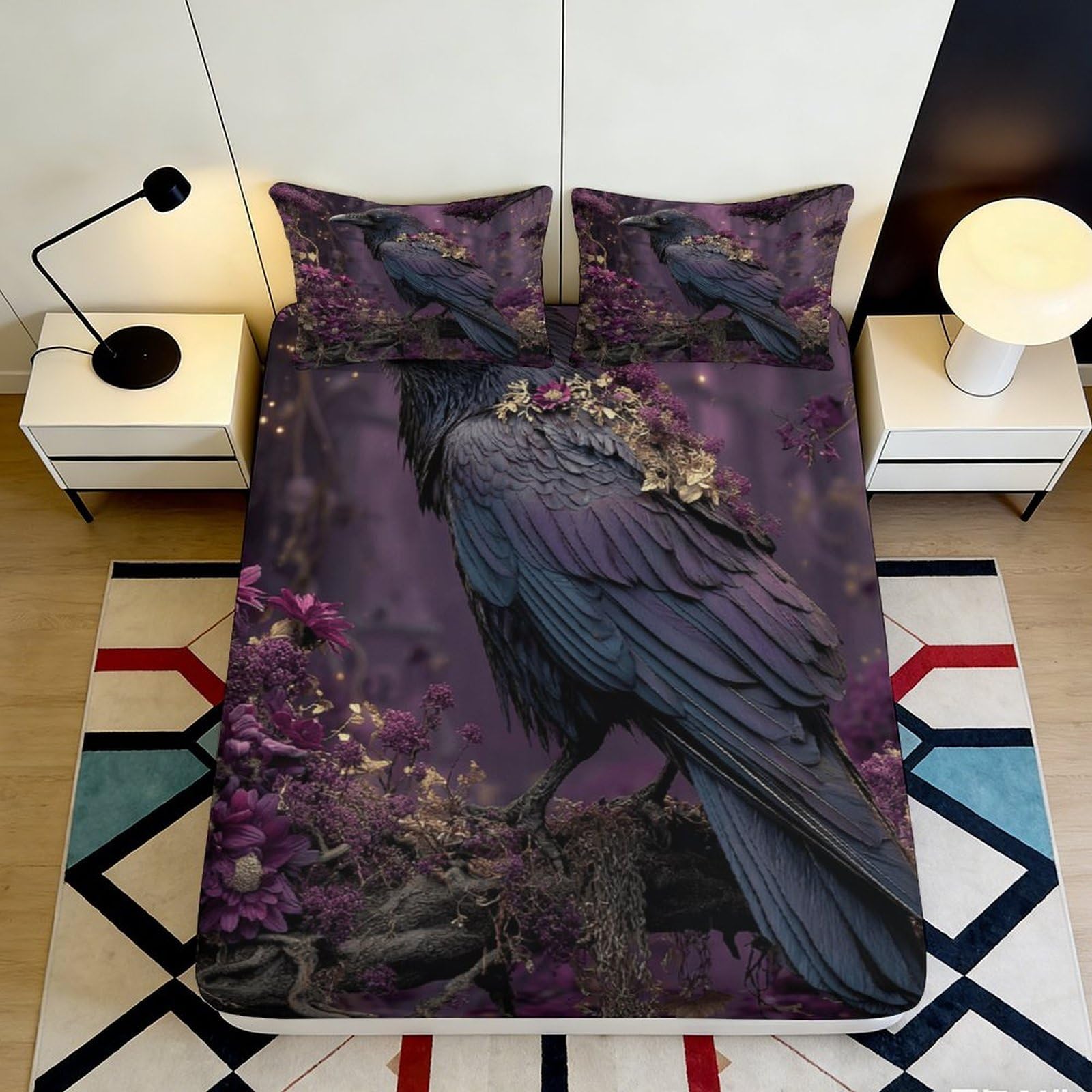 3D Printed Raven Fitted Sheet Microfiber Deep Pocket Non-Slip Bedroom Bedding Raven Mattress Fitted Cover Washable for Adults Teens 90x200x25cm