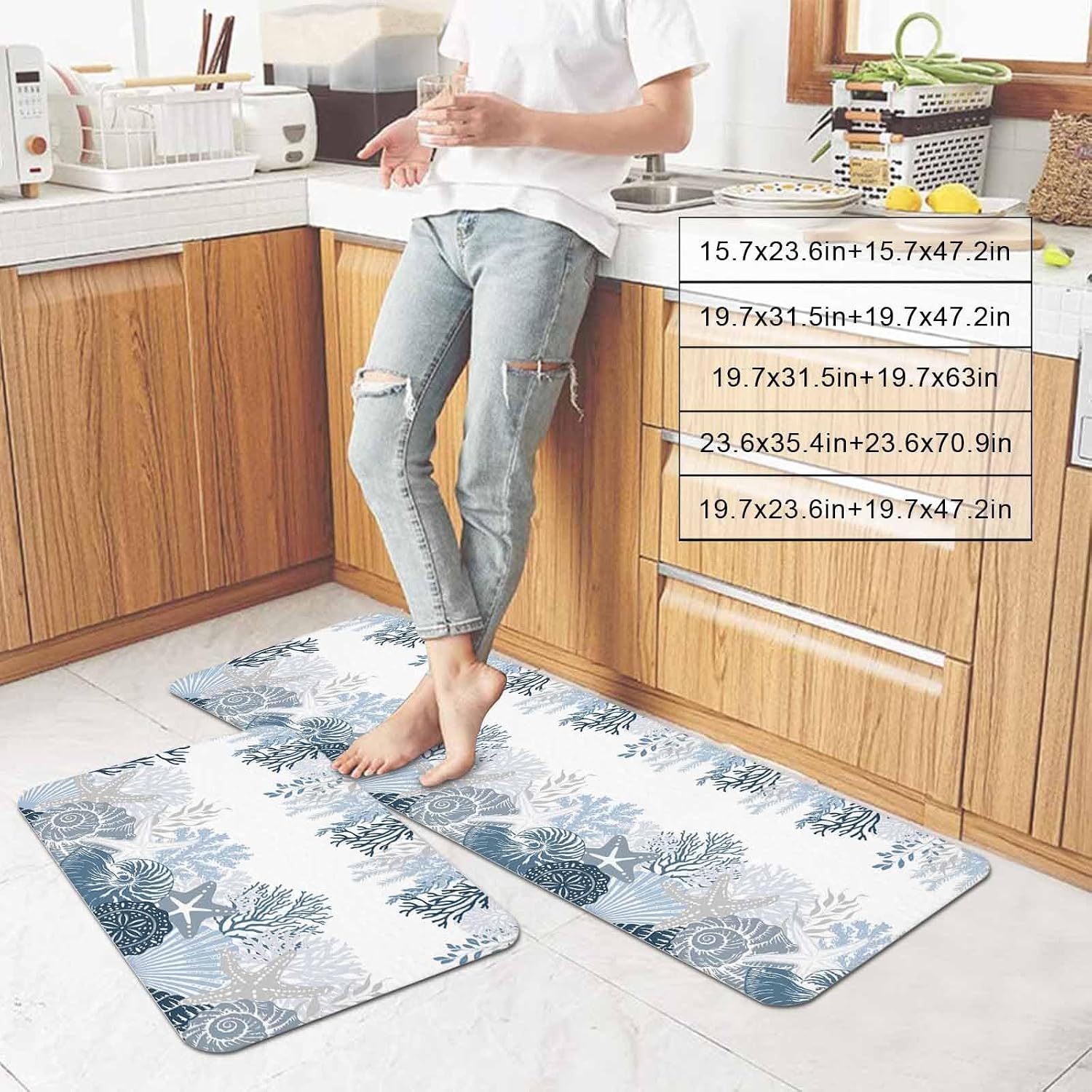 Summer Marine Life Kitchen Mats Set of 2 Ocean Corals Coastal Starfish Conch Non Slip Mat Washable Floor Rug for Kitchen Sink Floor Laundry, 19.7"x31.5"+19.7"x63"
