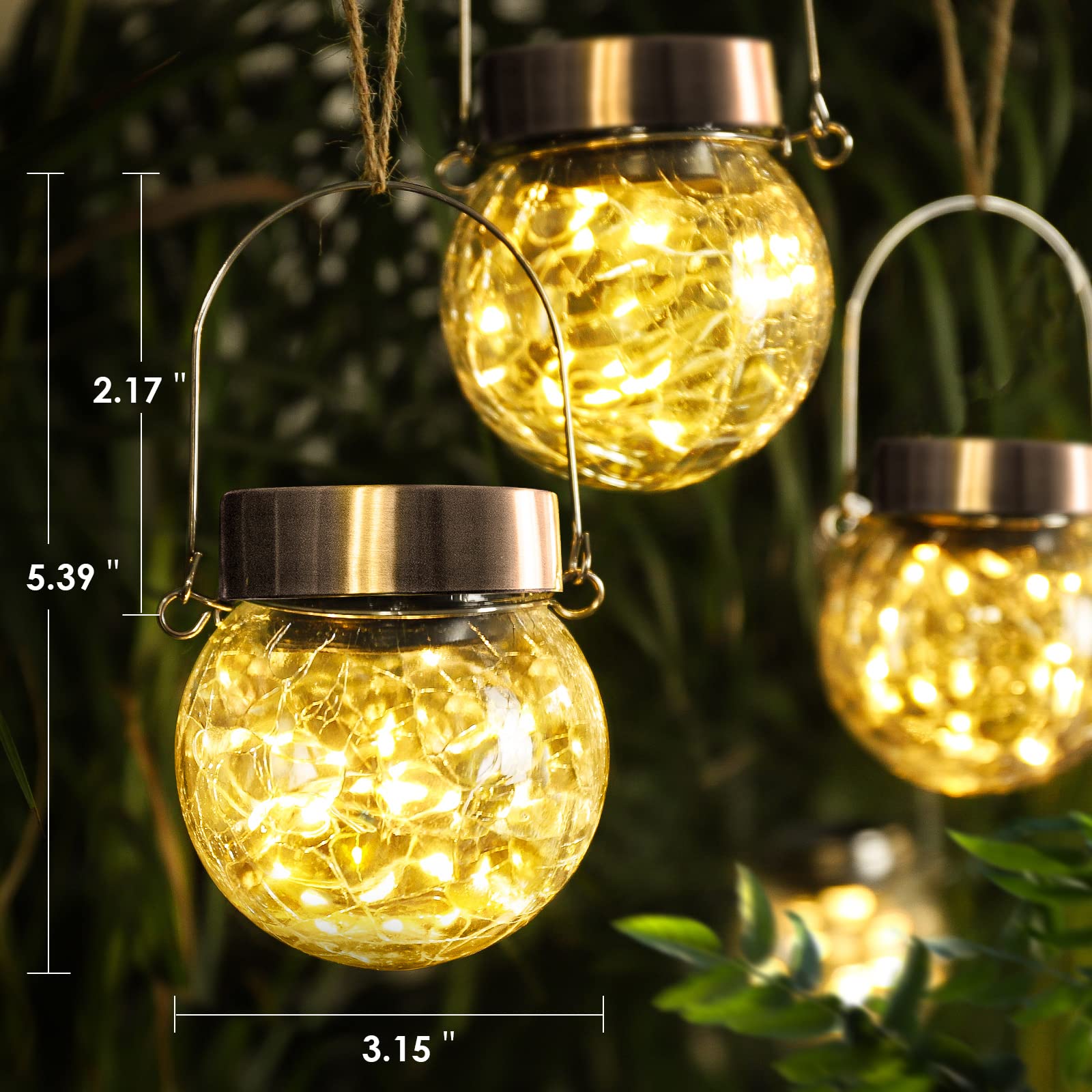 Confezione da 8 luci a LED a forma di sfera in vetro incrinato, a energia solare, impermeabili, con manico per patio, albero, vacanze, luci solari da giardino per esterni, decorazione (bianco caldo)