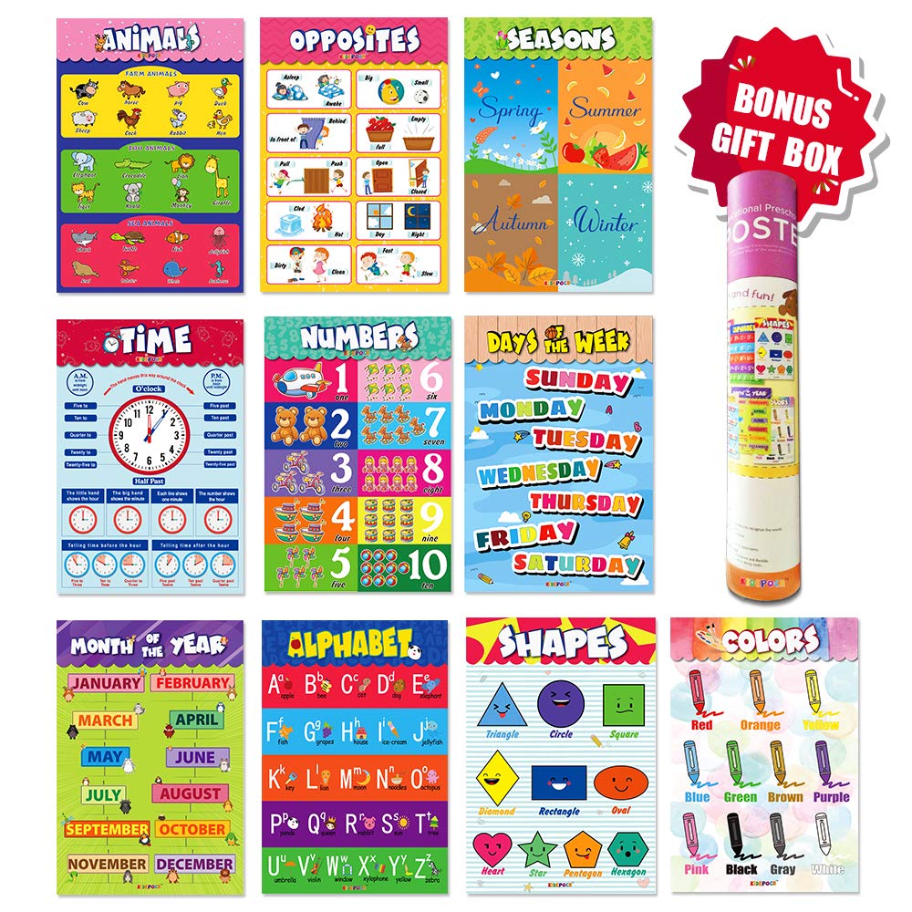 Preschool Educational Posters 10 Laminated Sheets for Toddlers Kids Preschool & Kindergarten Classrooms Learning Teach, Alphabet Time Colors Numbers Shapes Days of the Week and More, 15"x22" Per Sheet