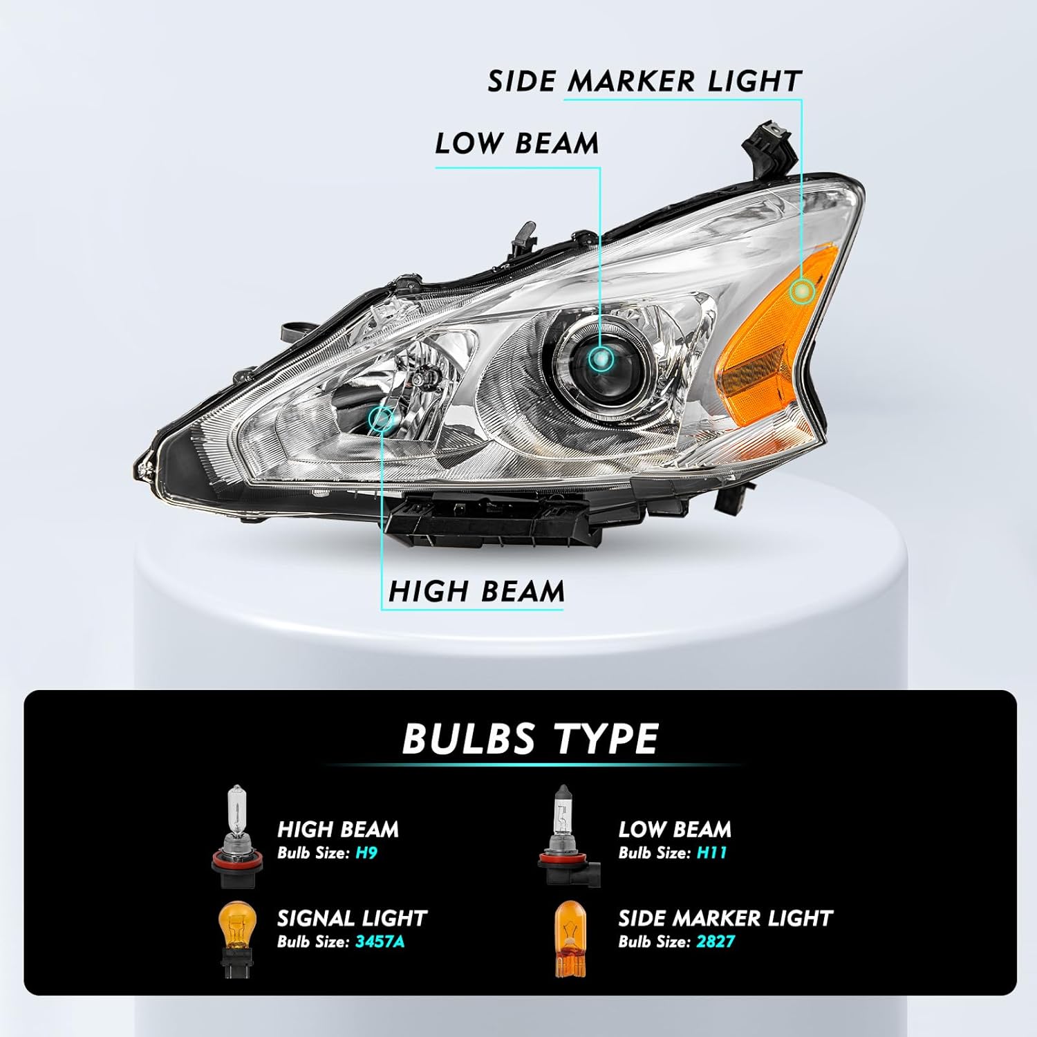 TUSDAR Headlight Assembly Compatible with 2013 2014 2015 Nissan Altima 4-Door Sedan Halogen Replacement 13 14 15 Altima 4Dr Headlamps Chrome Housing Amber Reflector Left Driver Side