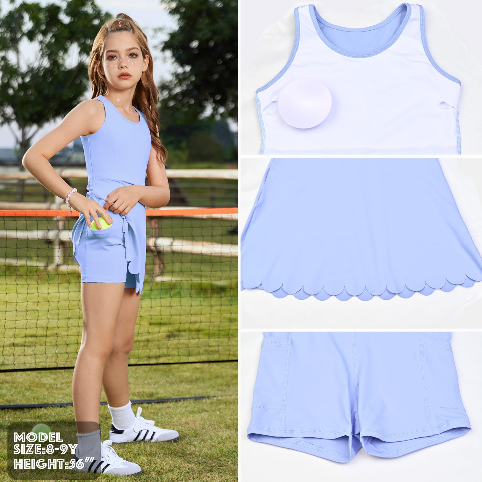 Vestido de tenis sin mangas para niñas, vestido atlético de pickleball, traje de golf con brasier integrado desmontable y bolsillos para pantalones cortos