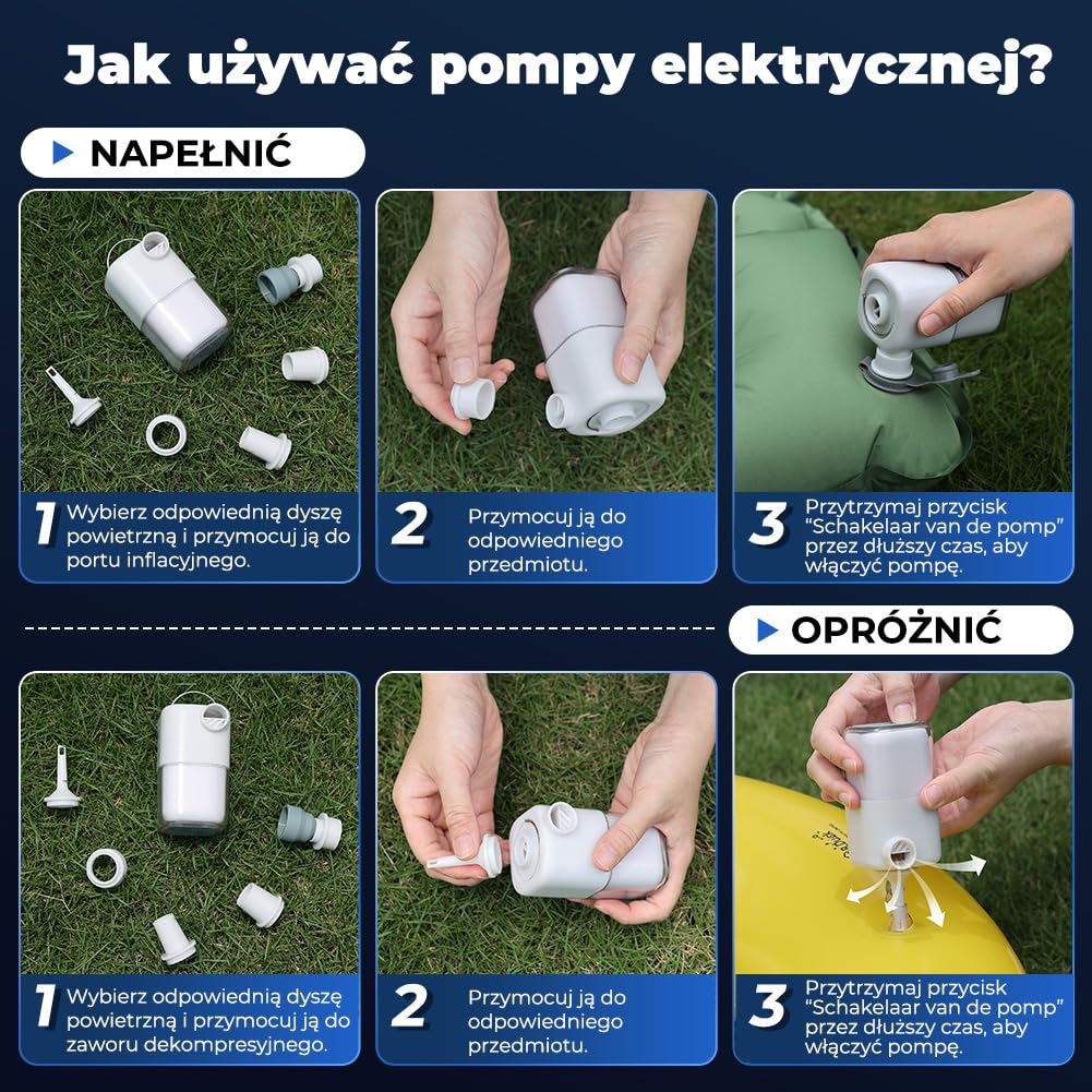 Przenośna elektryczna pompa powietrza 4000Pa Akumulator z oświetleniem kempingowym, mini nadmuchiwane i dedmuchane pompki elektryczne, stopka kempingowa/nadmuchiwane dywaniki/pierścień pływacki, biały