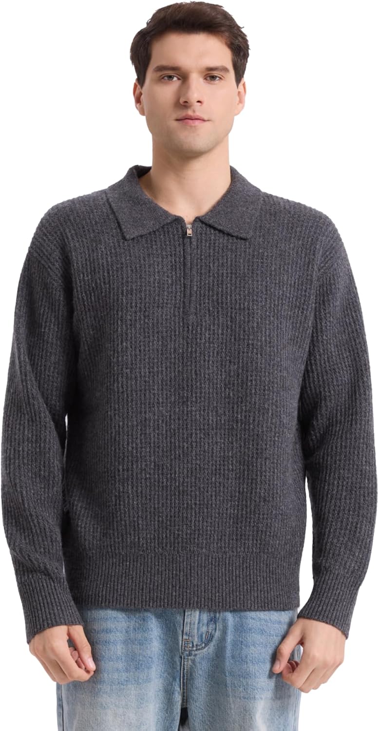 GreenMount Men's 100% Yak Down Half-Zip Sweater Soft & Warm Long Sleeve Polo Casual Pullover Sweater for Men