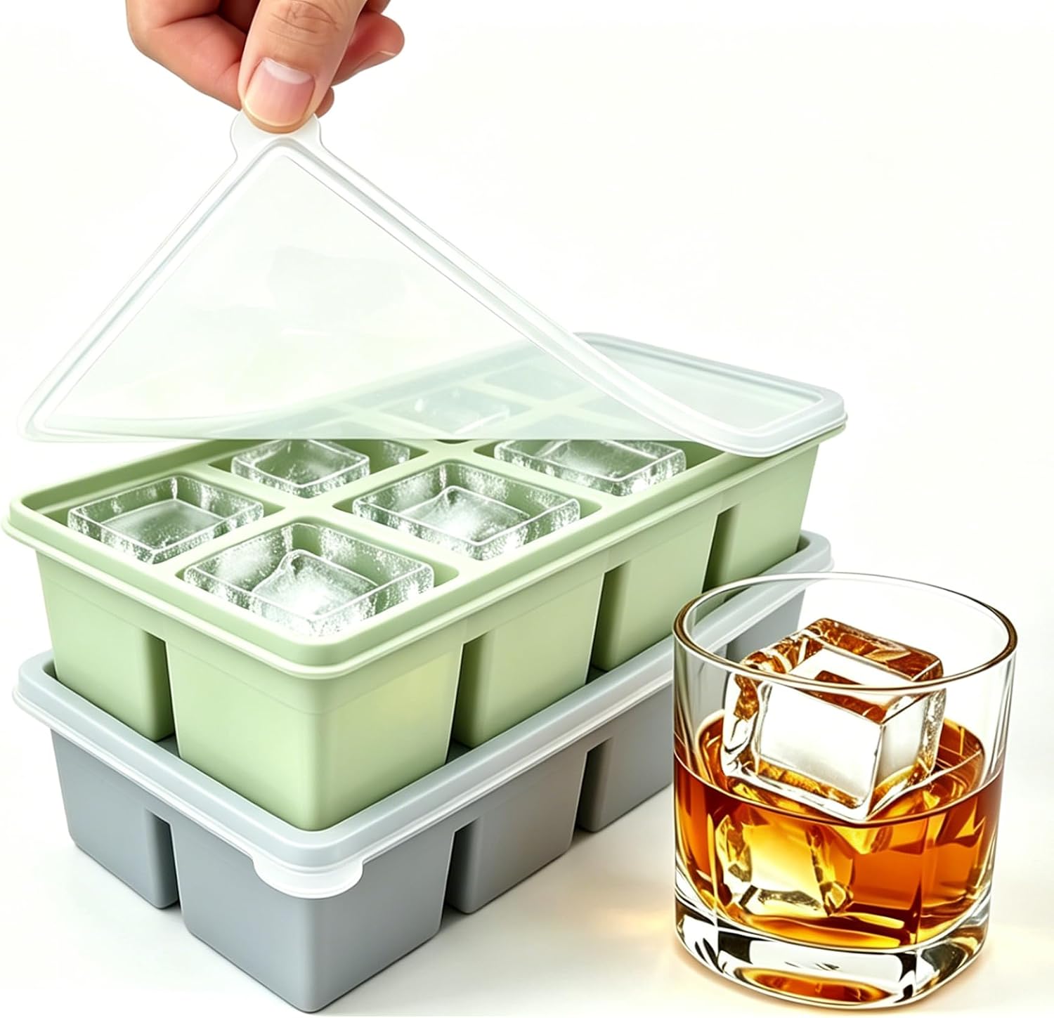 Ice Cube Trays with Lid - Large All Silicone Big Ice Cube Molds for Whiskey & Cocktails - Easy Release, Slow-Melting, Stackable Freezer Tray for Kitchen, Coffee - 8 Cubes (Green+Blue) 2 Packs