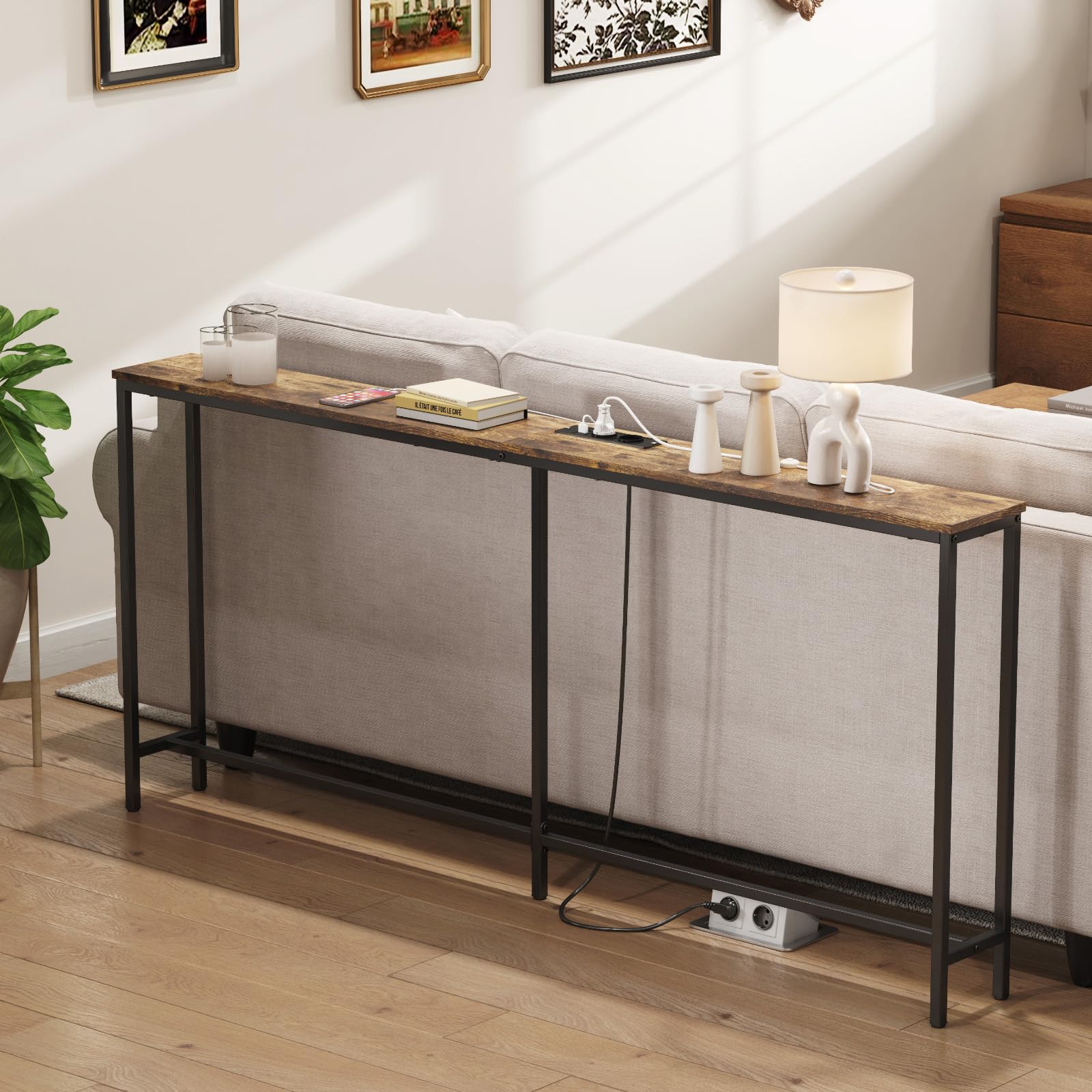 Lifewit Consolle Stretta 180cm con 2 Prese e Porta USB per il Soggiorno, Tavolo da Ingresso Industriale, Ingresso del Corridoio, Corridoio Dell'ufficio, Dietro il Divano, 180x20x80cm, Marrone Rustico