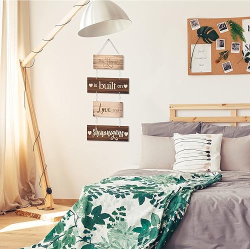 Miniatura 7 de Letrero colgante de madera rústica para decoración de puerta (4 unidades) con texto en inglés "This Home Is Built on Love and Shenanigans" (marrón)