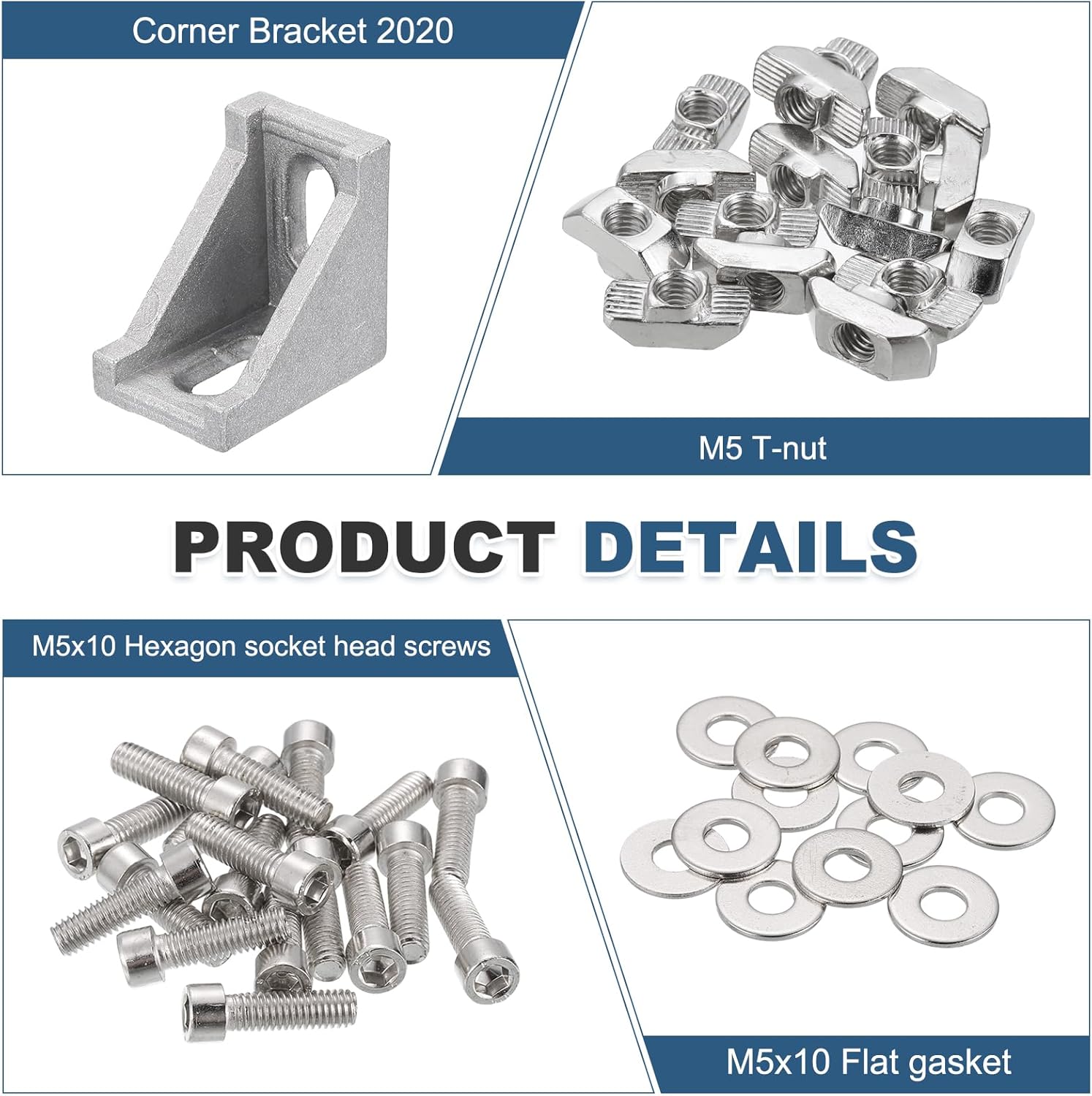MECCANIXITY 8 Pcs 2020 Series Aluminum Extrusion Profile Connector, Corner Brackets Extruded Hardware with 16pcs M5 T-nut and M5x10 Hexagon Socket Head Screws and M5x10 Flat Gasket