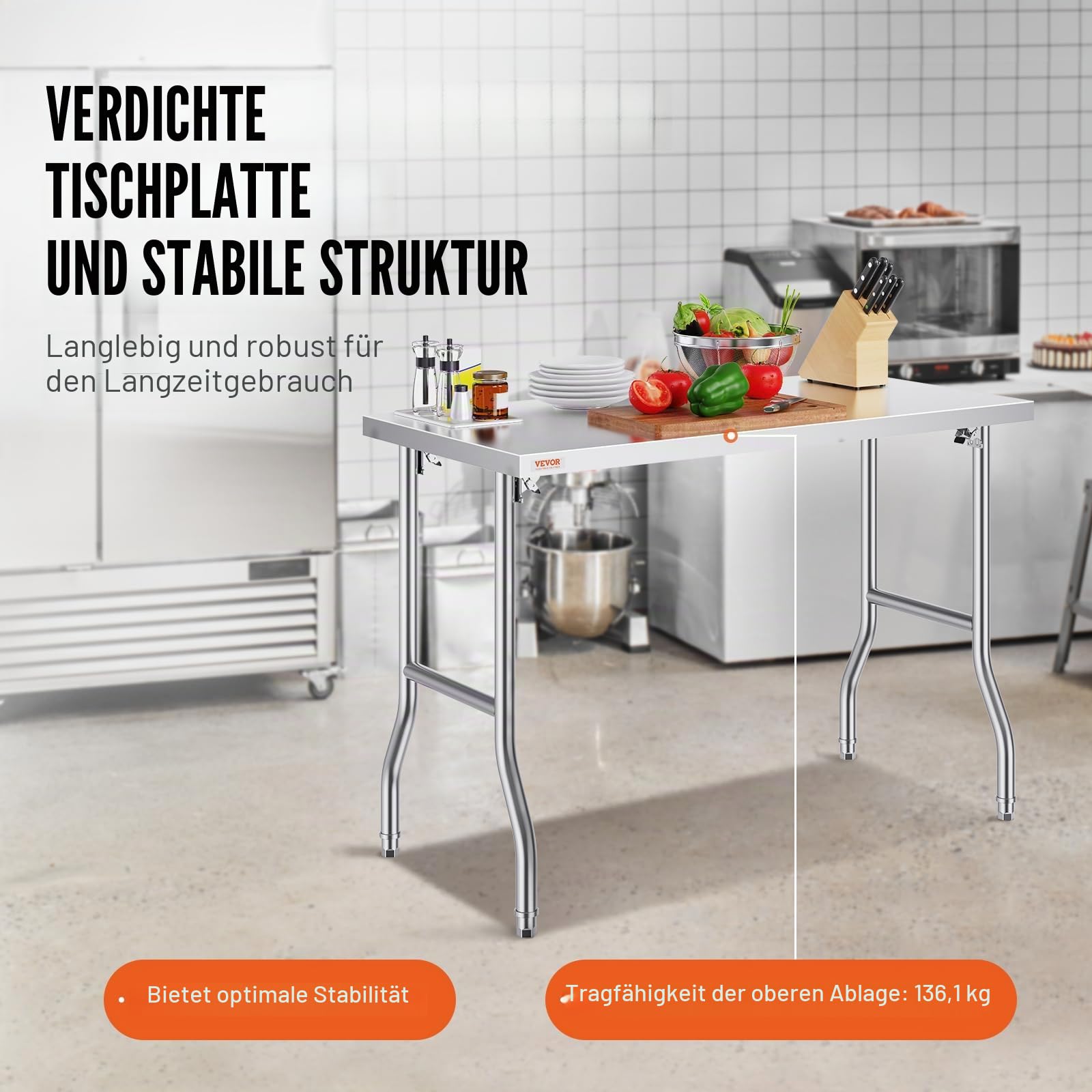 VEVOR Arbeitstisch Küche, 122x61x85cm Arbeitstisch Gastro Edelstahl Zubereitungstisch Gewerbe Küchentisch, Küchen-Esstisch Küchenarbeitsbank Zubereitungstisch Gastrotisch Metzgertisch Küche