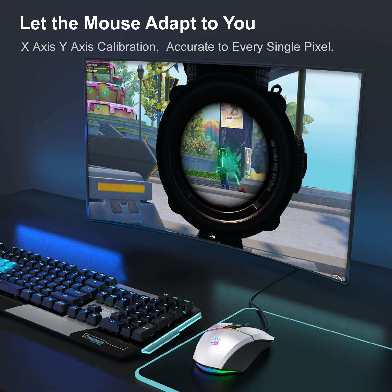 Bloody W60Max Mouse da Gioco Cablato RGB FPS 10.000 CPI, Tutti I Pulsanti programmabili, Rapporto di 2.000 Hz, 250 IPS, memoria integrata da 4 m (Pandawhite)