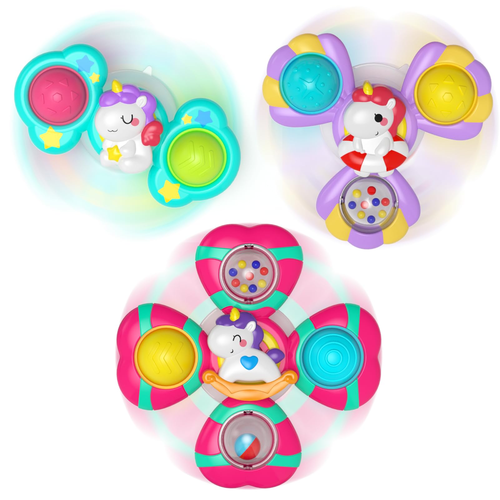 Usrela 3 Piezas Juguete Giratorio con Ventosa, Sonajero Giratorio para Bebé con Sonajero de Espuma de Silicona, Juguetes Sensoriales Bebé de Viaje para el Baño, Mejor Regalo para Bebés Niños Niñas