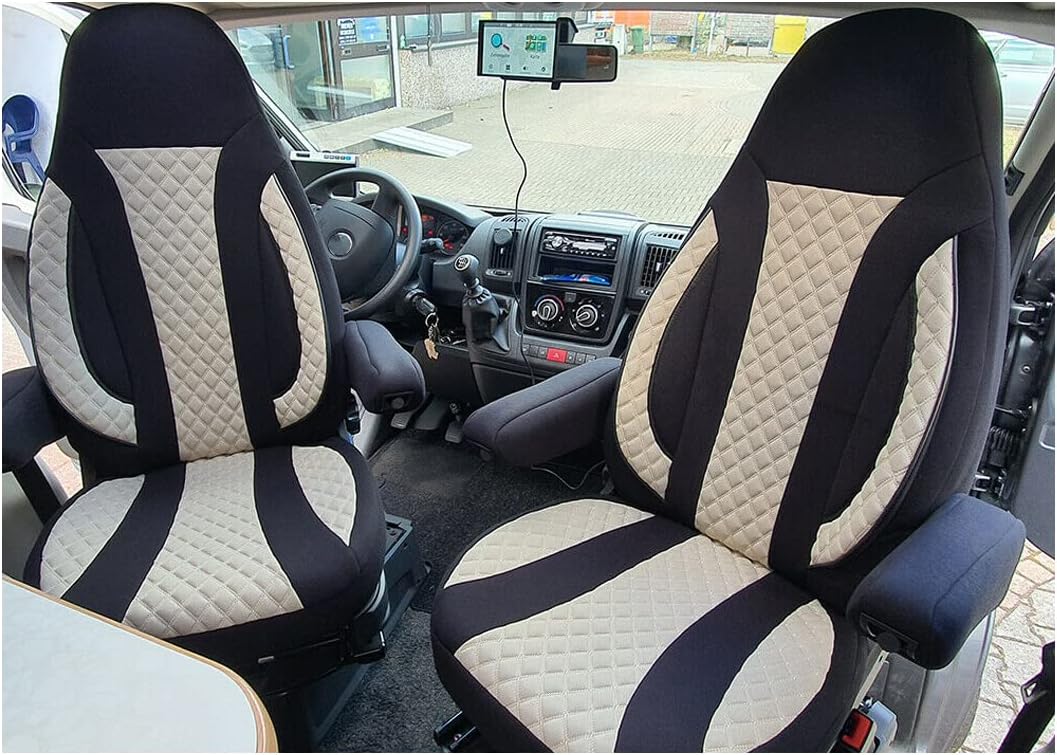 Bremer Sitzbezüge WPL411 Stoelhoezen compatibel met camper Hymer Ducato, voor bestuurder en passagier, 2-delige set beschermhoezen incl. armleuninghoezen in bruin/beige