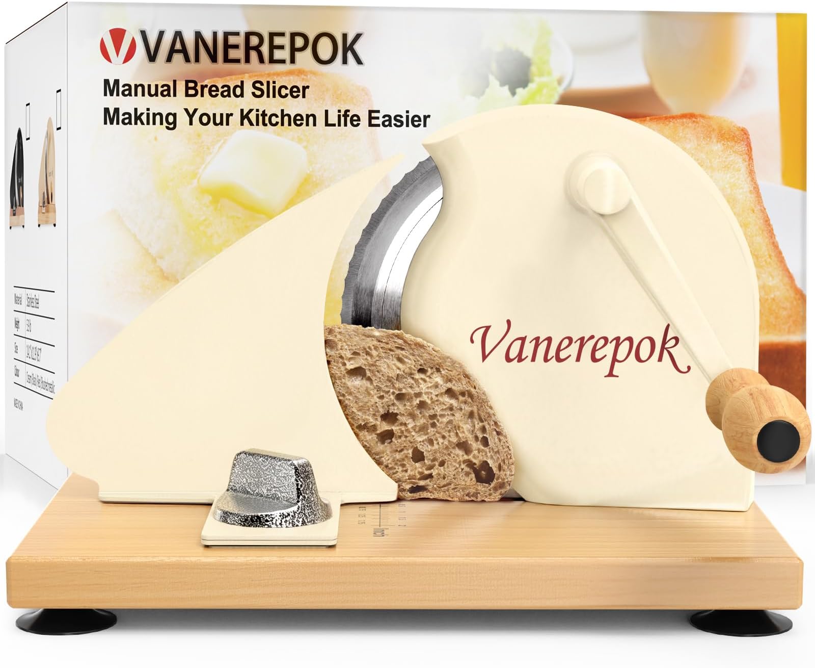 vanerepok Manual Bread Slicer for Homemade Sourdough Bread, Versatile Hand Crank, Bread Cutter for Sourdough, Crusty Bread etc, Stainless Steel Cutter, Adjustable Width for Homemade