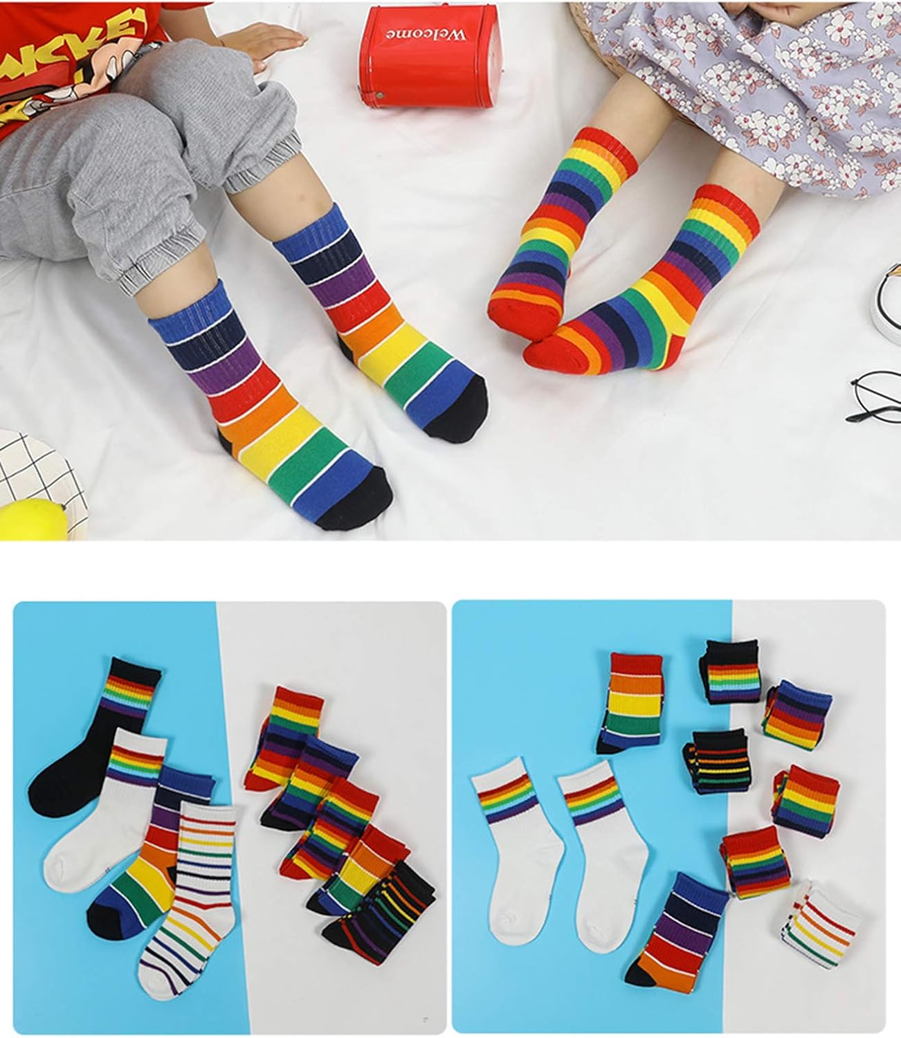 Unisex Toddler And Kids Striped Rainbow Crew Socks Colorful Cotton Socks Packs - Image 3