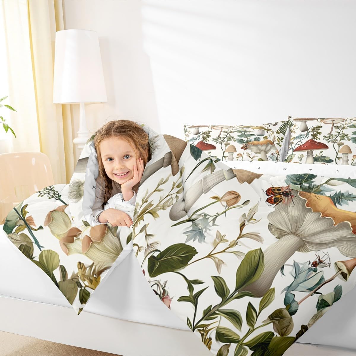 Feelyou Mushrooms Moth Comforter Set for Girls Boys Children Botancial Fungus Comforter Decorative Wild Mushroom Stuff Bedding Set Cute Mushroom Plants Duvet Set King Size Quilt Set 3Pcs