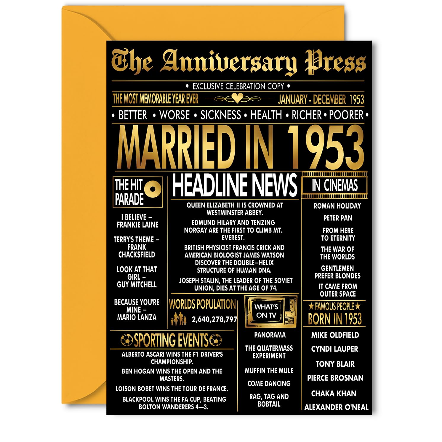 Gold 73rd Anniversary Card for Women Men - Golden Newspaper Married in 1953-73 Year Wedding Anniversary Card for Wife Companion Husband Partner, 5x7 Inch Anniversaries Greeting Cards