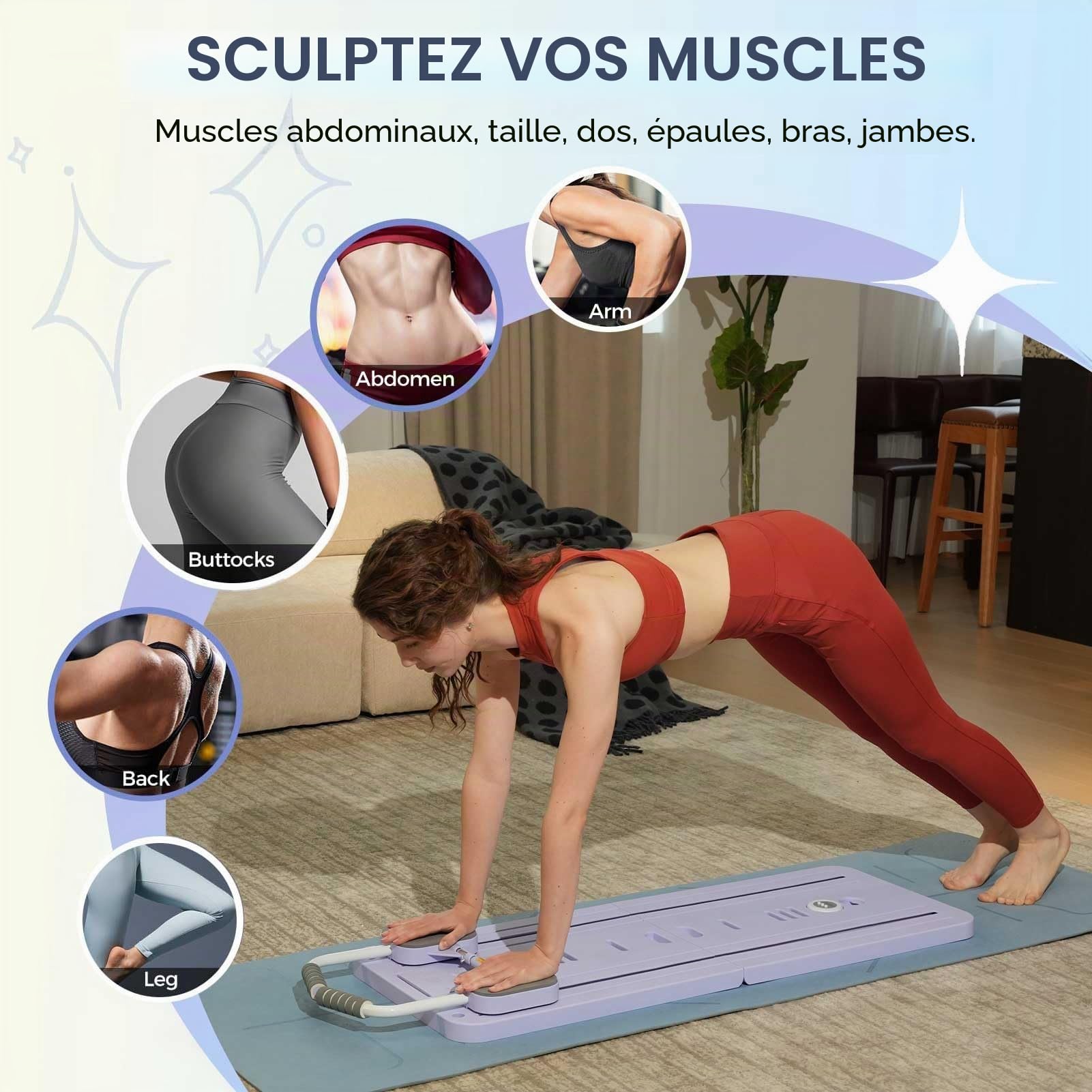 Kit Mini Reformer Pilates avec Barre et Bandes de Résistance, Planche Multifonctionnelle pour Maison