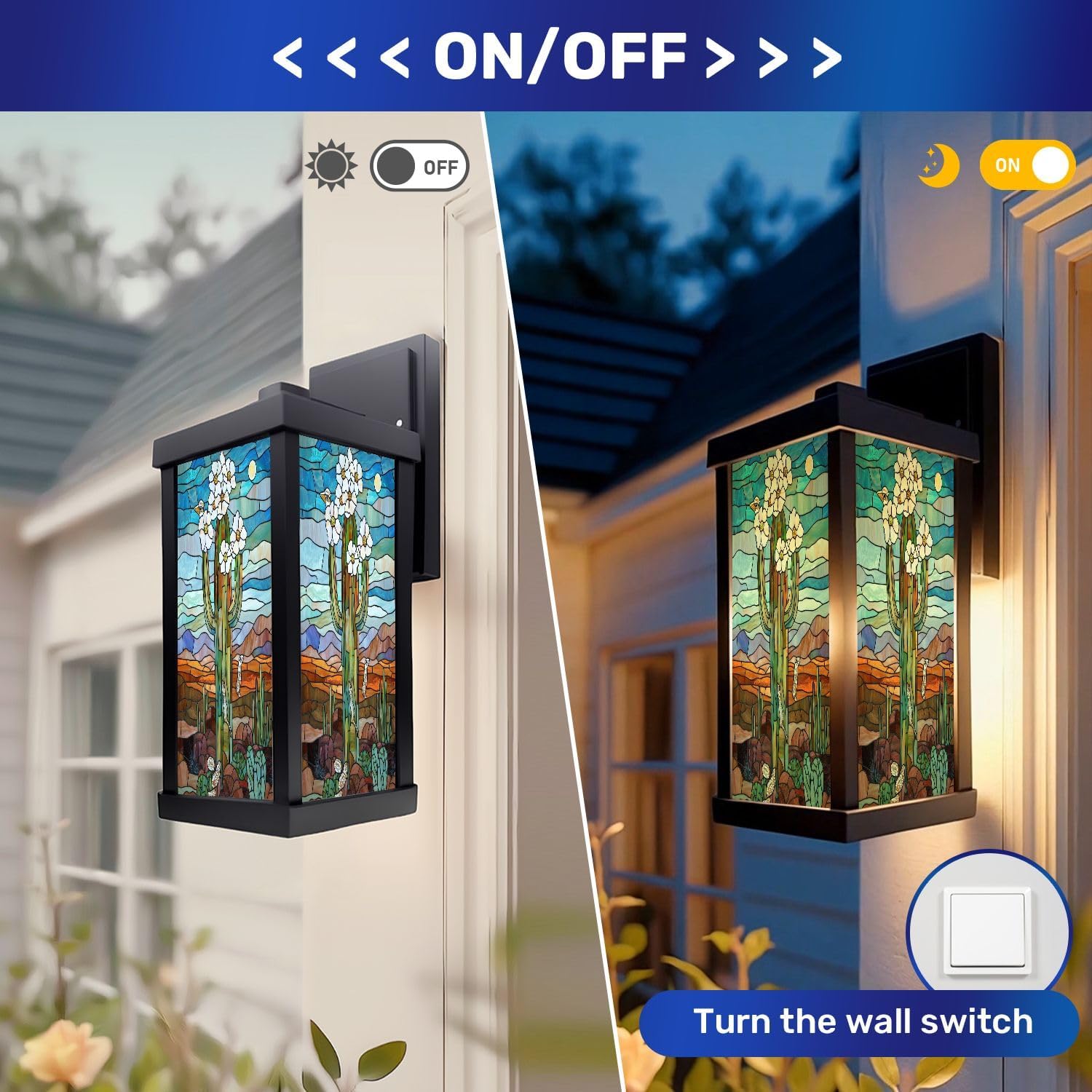 Outdoor Wall Light Fixtures Amber Stained Glass for Desert Lovers Western Exterior Waterproof Wall Sconce Lantern with Acrylic Shades Anti-Rust Lamp for Patio Doorway Garage